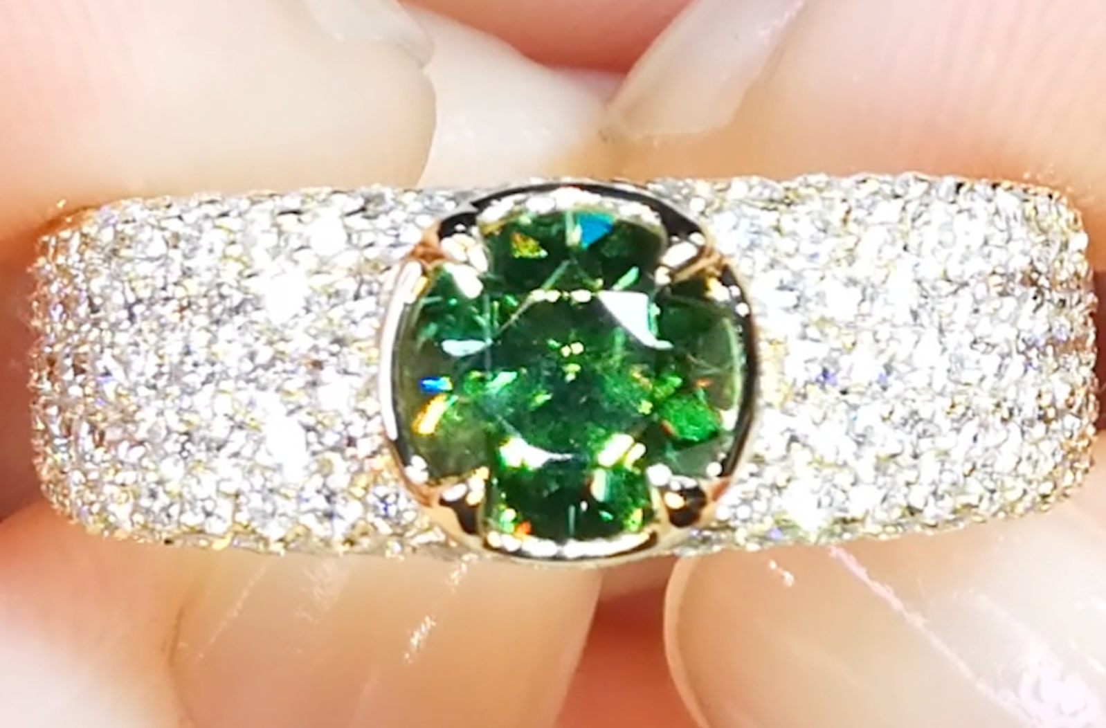 1.21ct Russian Horsetail Color Change Demantoid Ring with D Flawless Diamonds set in 18K Yellow Gold