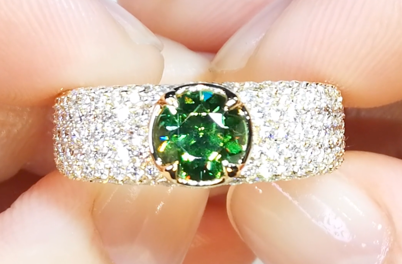 1.21ct Russian Horsetail Color Change Demantoid Ring with D Flawless Diamonds set in 18K Yellow Gold