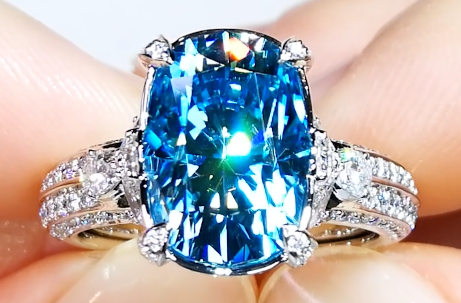 10.48ct Blue Zircon Ring with D Flawless Diamonds set in 18K White Gold