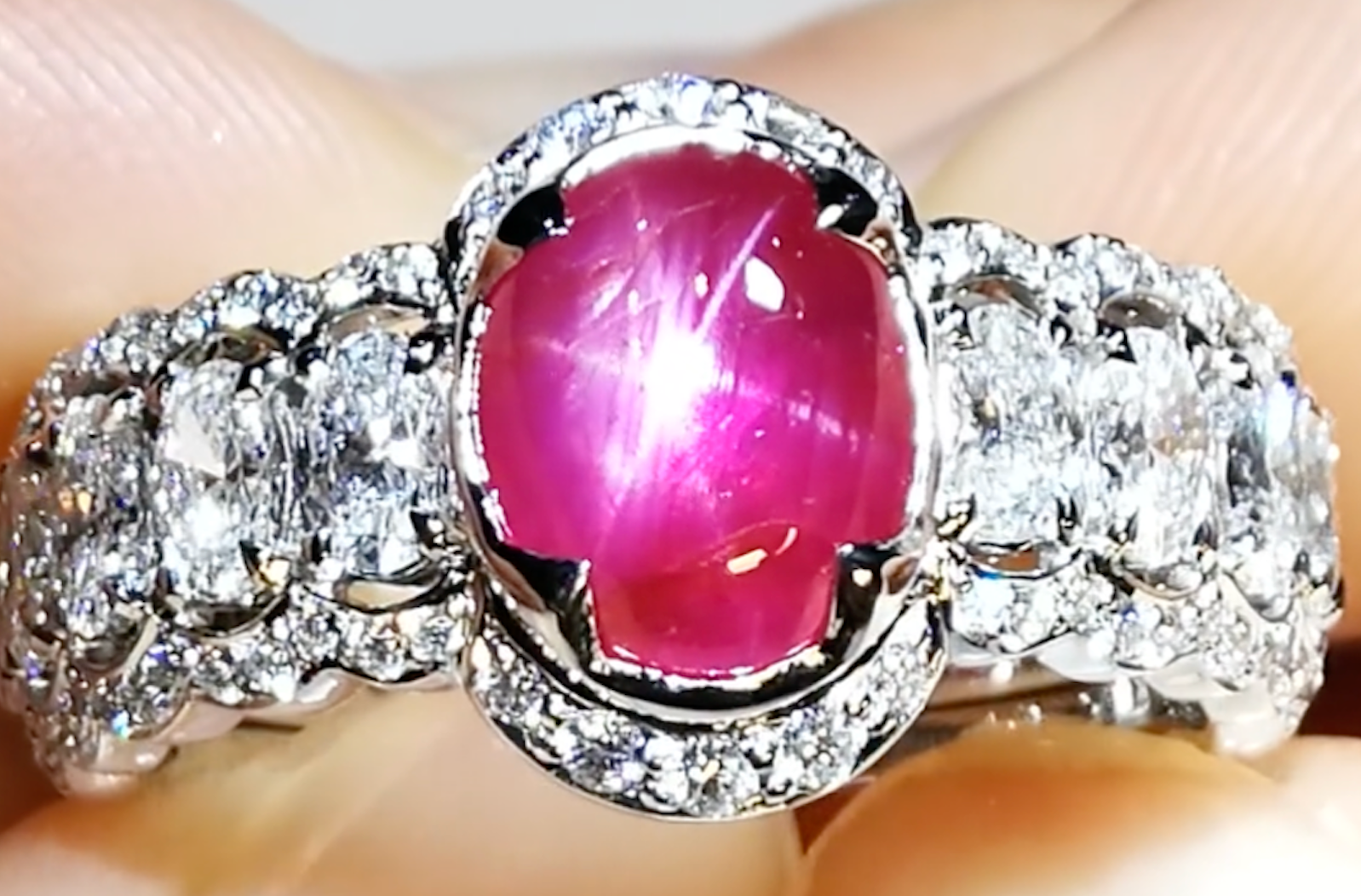 3.29ct Unheated Mogok Burmese Star Ruby Ring with D Flawless Diamonds set in 18K White Gold
