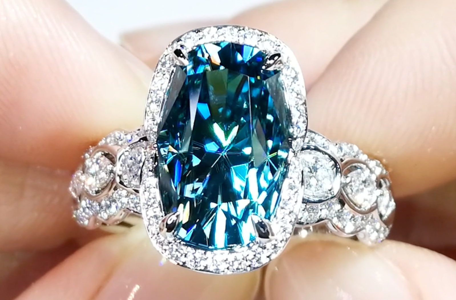10.14ct Blue Zircon Ring with D Flawless Diamonds set in 18K White Gold
