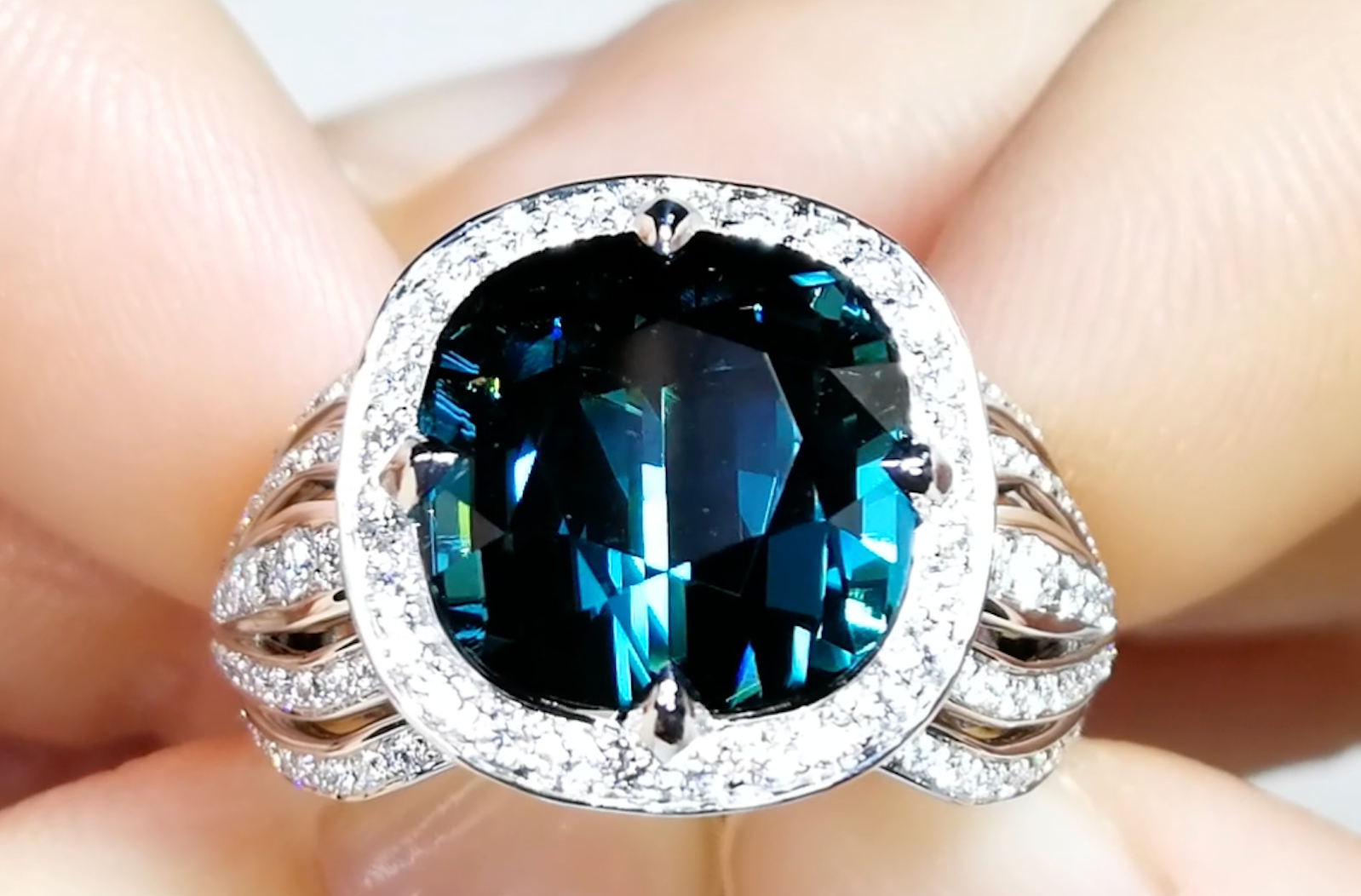 8.49ct Afghan Indicolite Ring with D Flawless Diamonds set in 18K White Gold