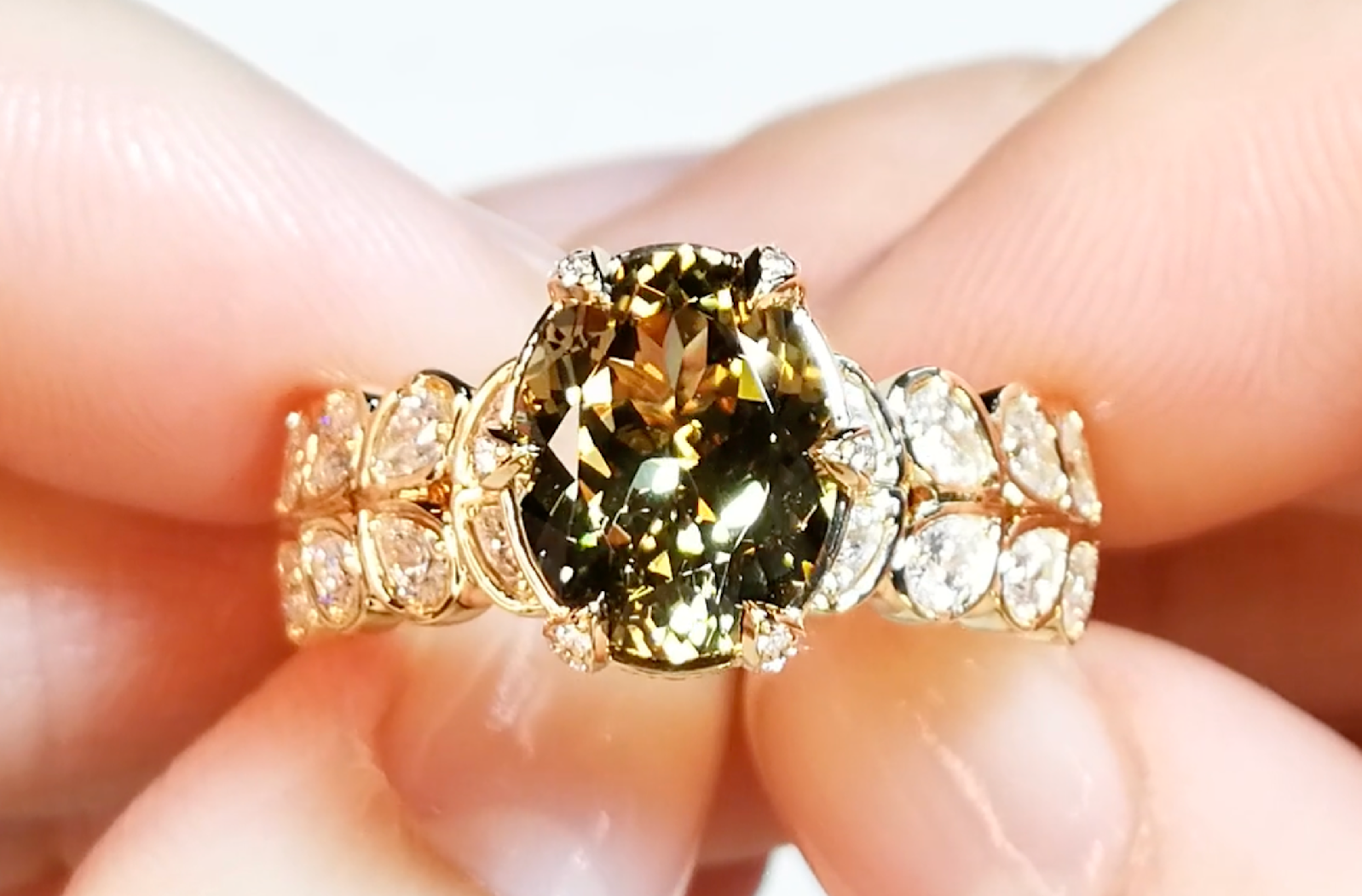 3.51ct Unheated Yellow Tanzanite Ring with D Flawless Diamonds set in 18K Yellow Gold