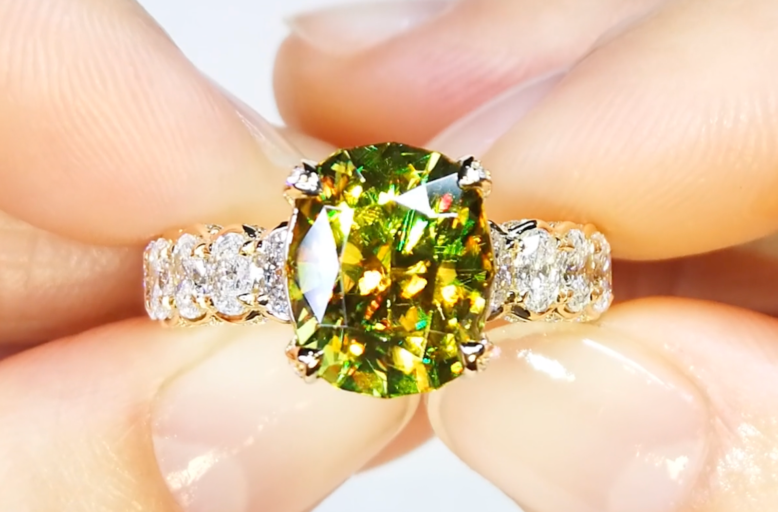 5.92ct Brazilian Sphene Ring with D Flawless Diamonds set in 18K Yellow Gold
