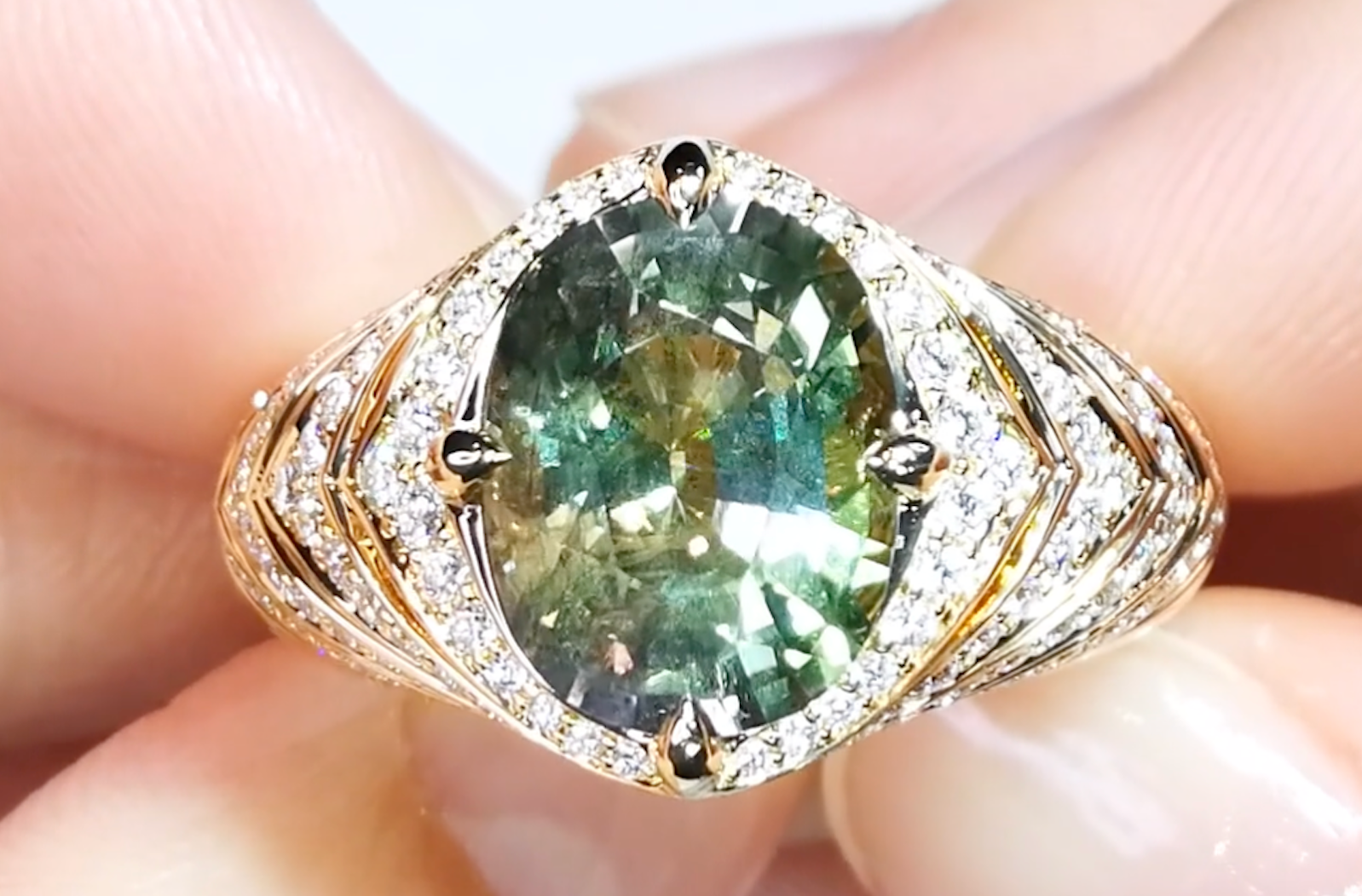 4.58ct Green Tanzanite Ring with D Flawless Diamonds set in 18K Yellow Gold