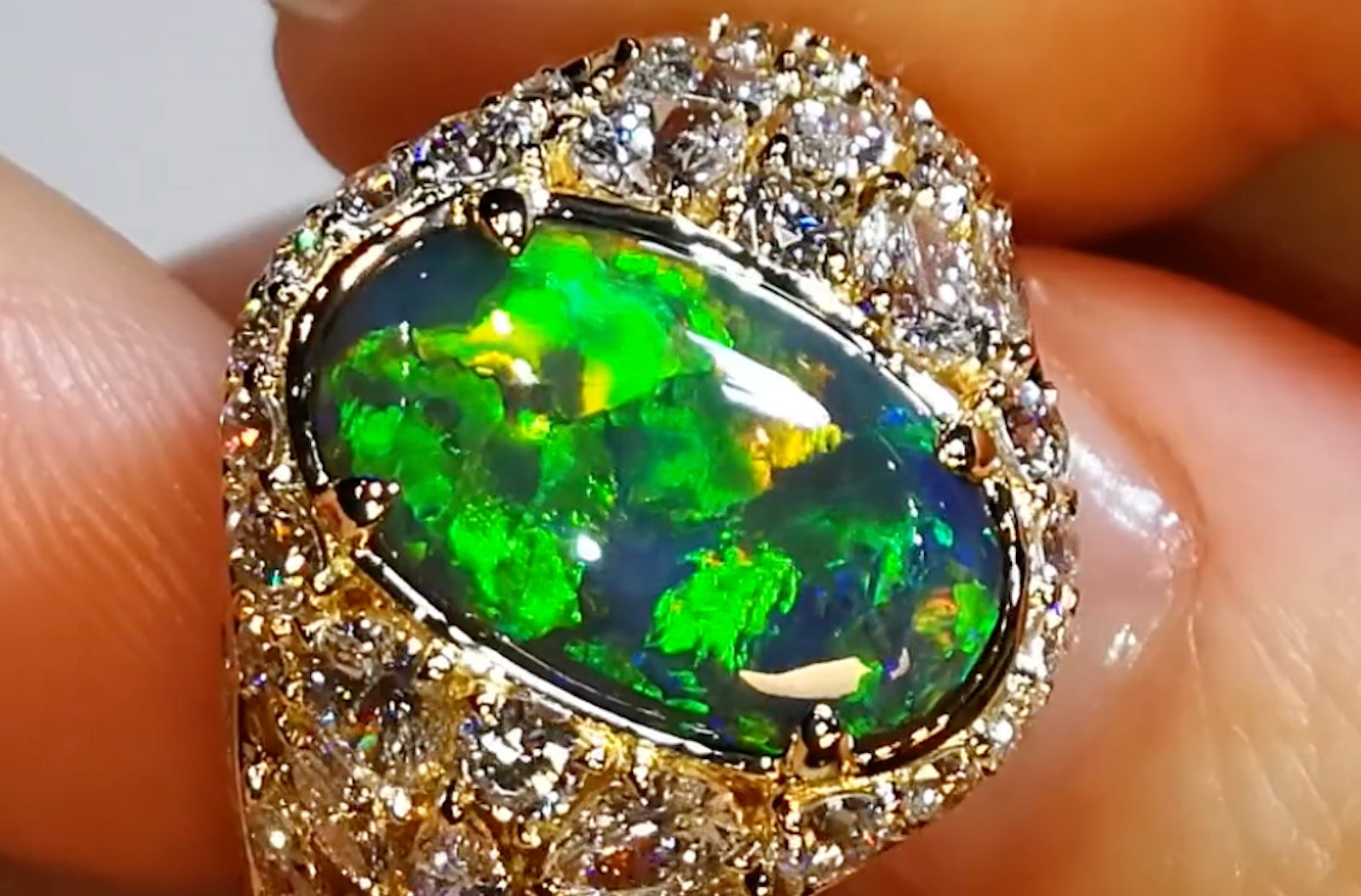 2.91ct Lightning Ridged Black Opal Ring with D Flawless Diamonds set in 18K Yellow Gold