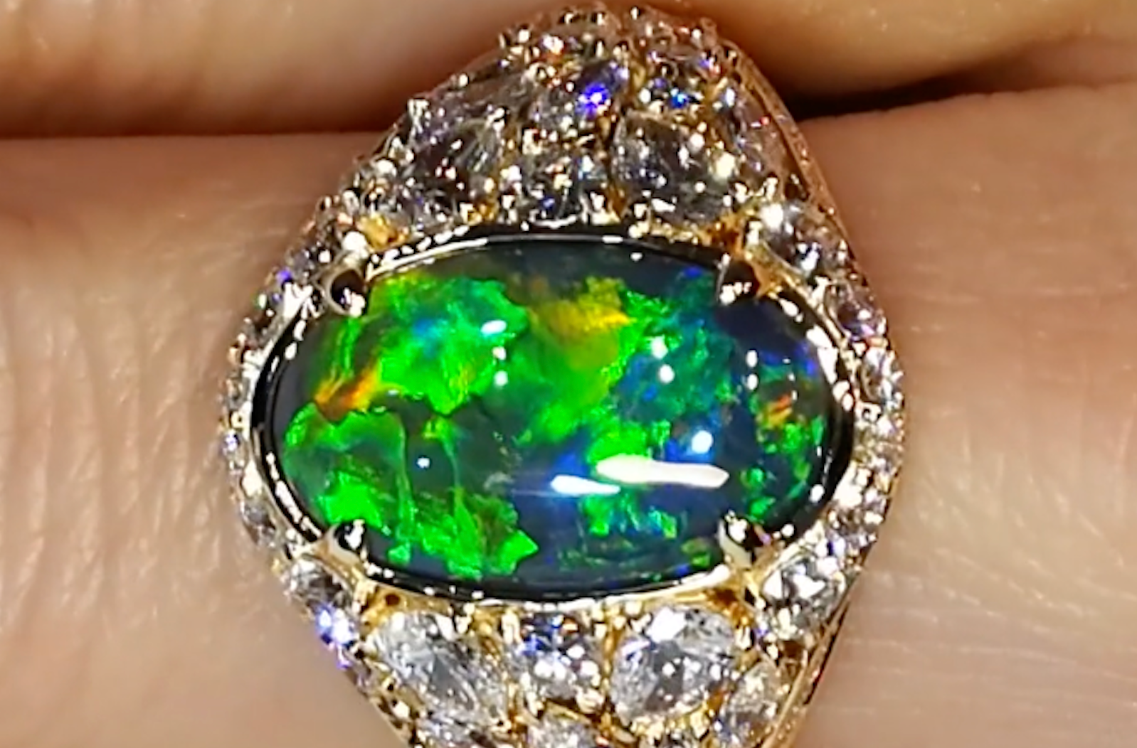 2.91ct Lightning Ridged Black Opal Ring with D Flawless Diamonds set in 18K Yellow Gold