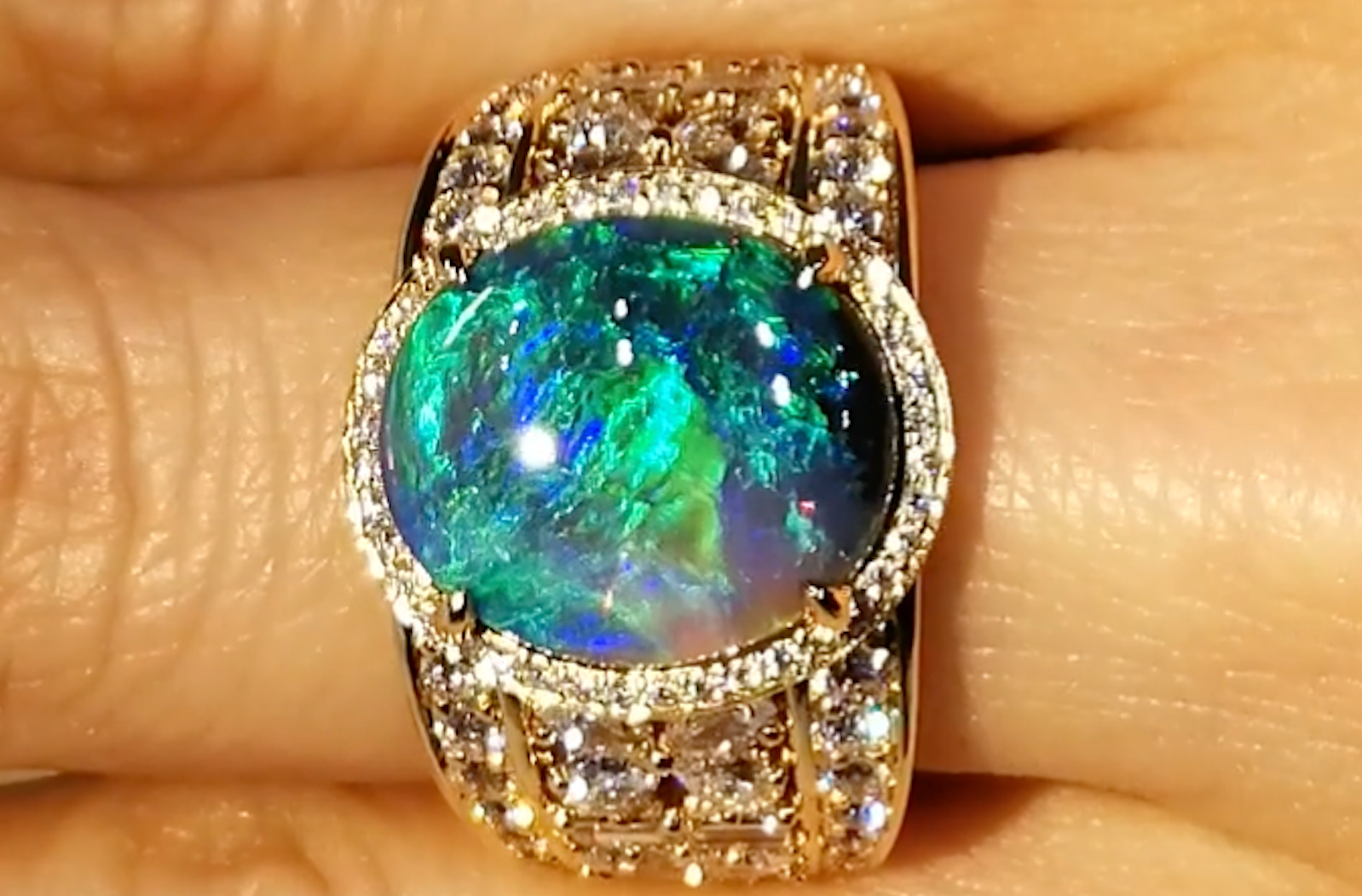 6.97ct Lightning Ridged Black Opal Ring with D Flawless Diamonds set in 18K Yellow Gold