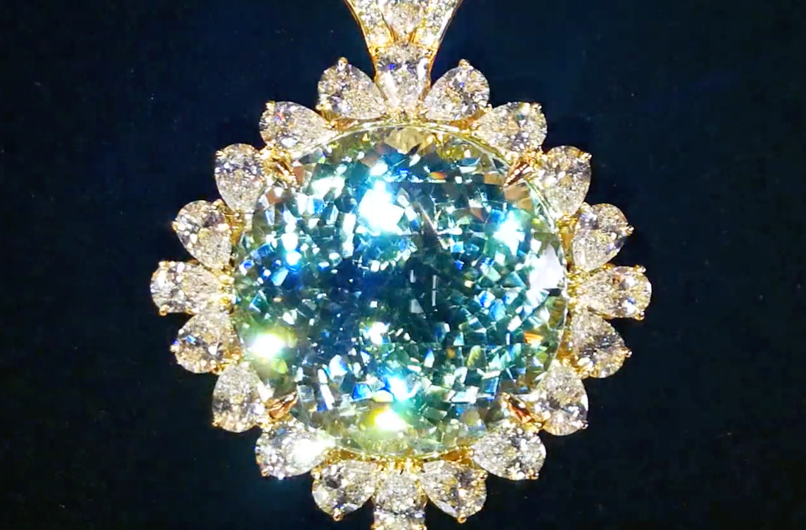 32.53ct Unheated Green Beryl Necklace with D Flawless Diamonds set in 18K Yellow Gold
