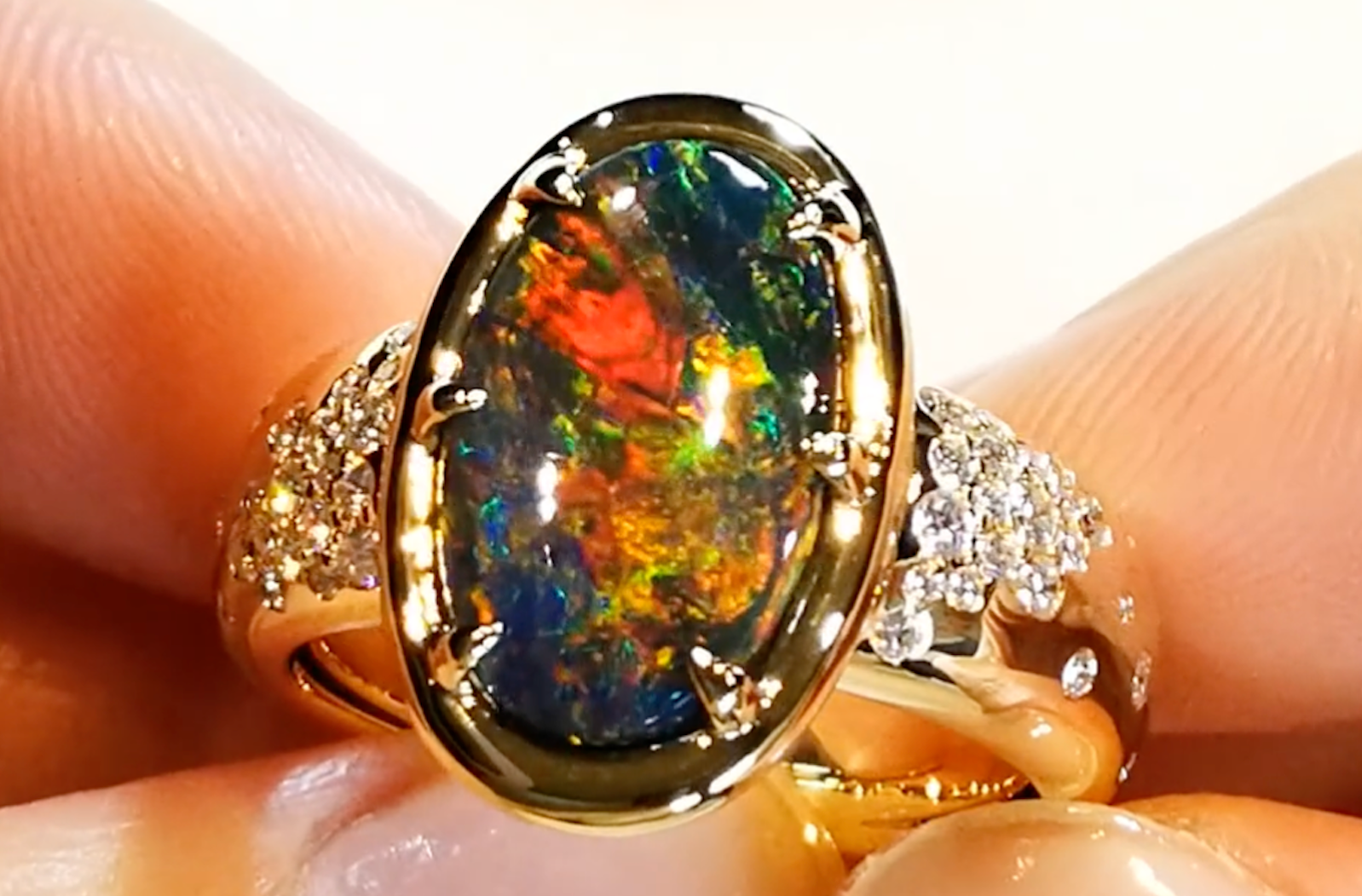 3.08ct Lightning Ridge Black Opal Ring with D Flawless Diamonds set in 18K Yellow Gold