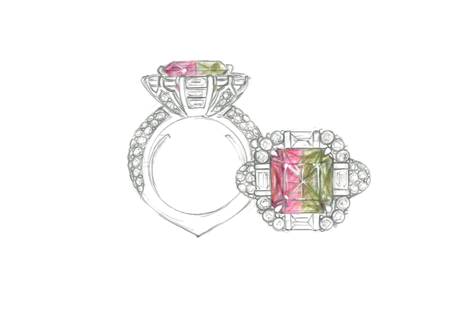 5.82ct Namibian Bi Color Tourmaline Ring with D Flawless Diamonds set in 18K White Gold