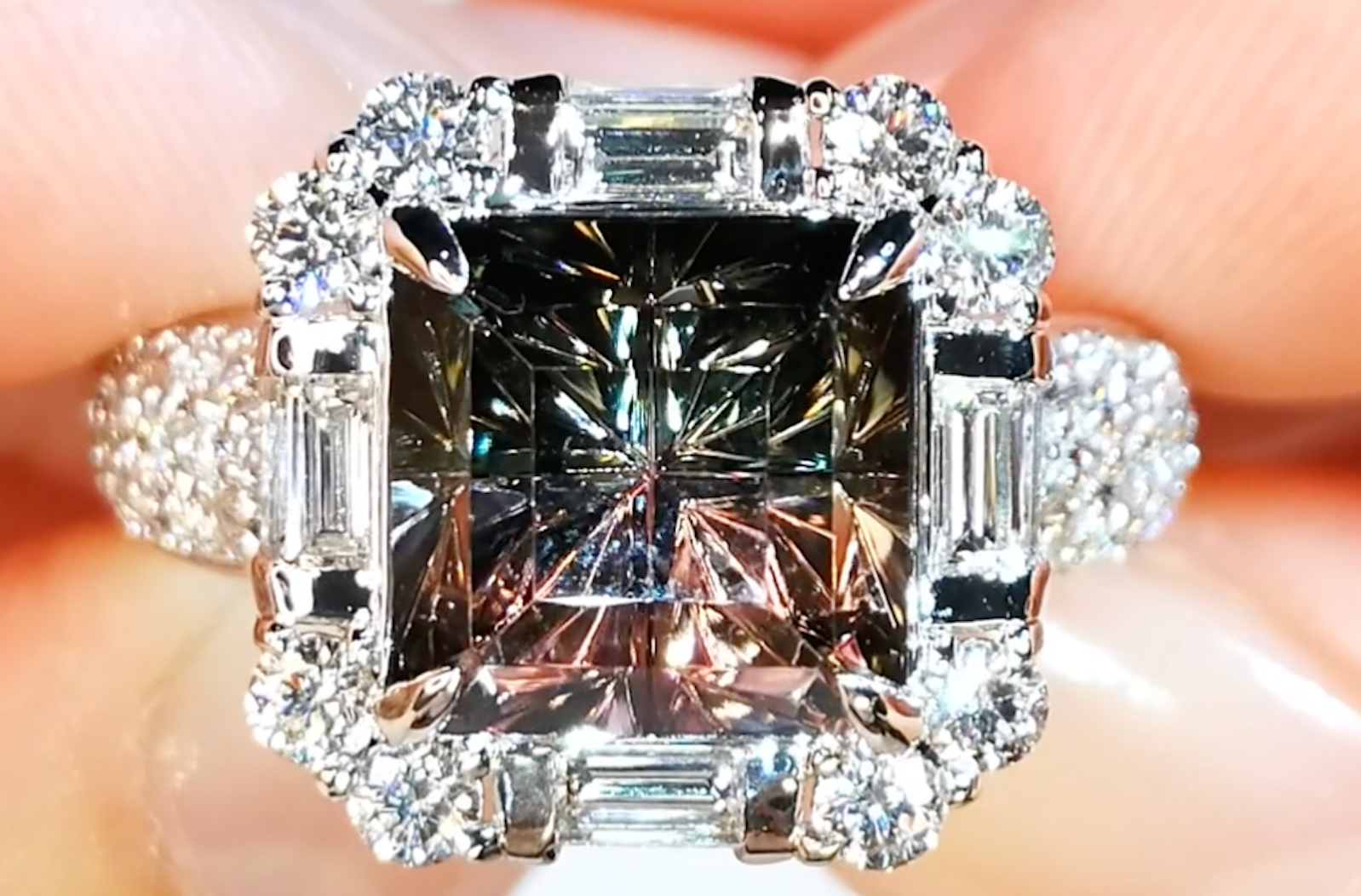 5.82ct Namibian Bi Color Tourmaline Ring with D Flawless Diamonds set in 18K White Gold