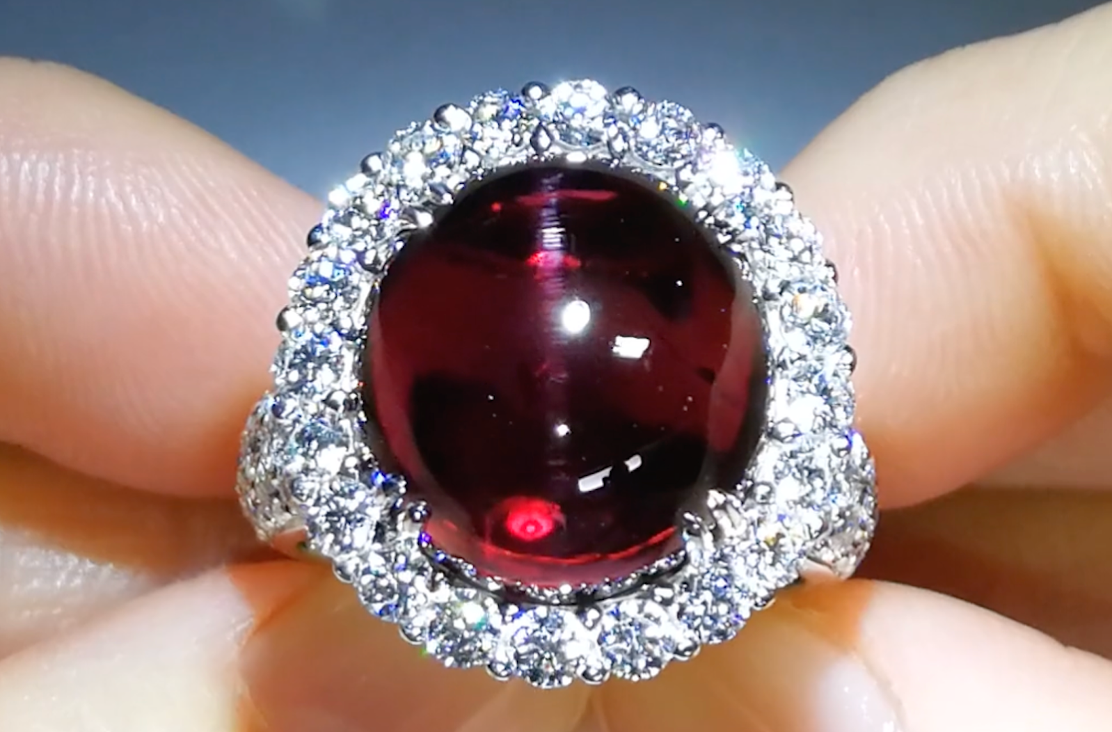25.02ct Record Noble Red Spinel Cat’s Eye Ring with D Flawless Diamonds set in 18K White Gold