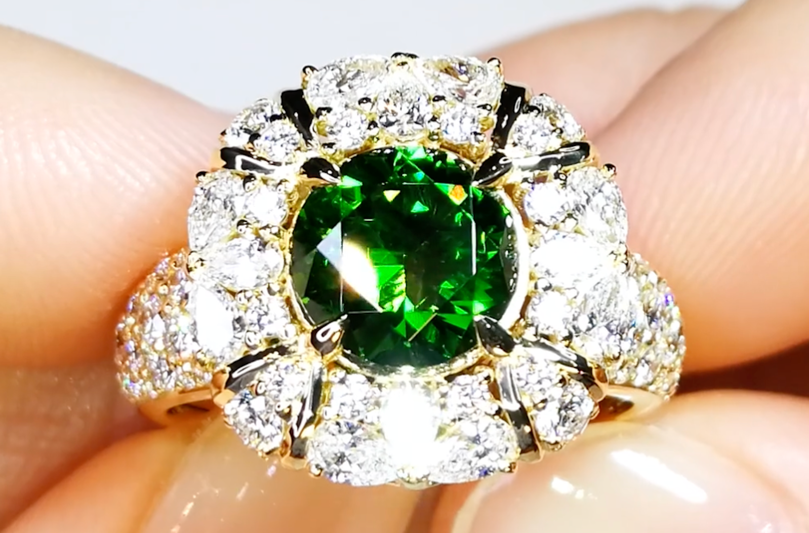 2.41ct Neon Russian Horsetail Demantoid Ring with D Flawless Diamonds set in 18K Yellow Gold