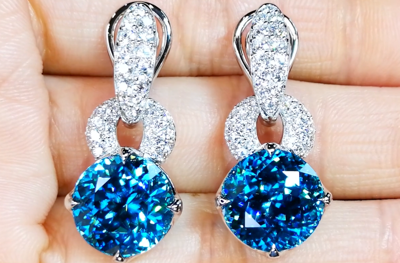 24.75ct Blue Zircon Earrings with D Flawless Diamonds set in 18K White Gold