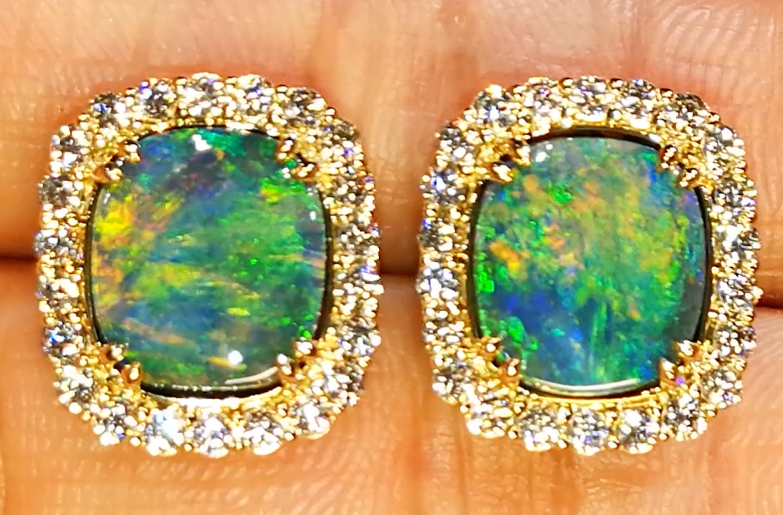6.88ct Lightning Ridge Black Opal Earrings with D Flawless Diamonds set in 18K Yellow Gold