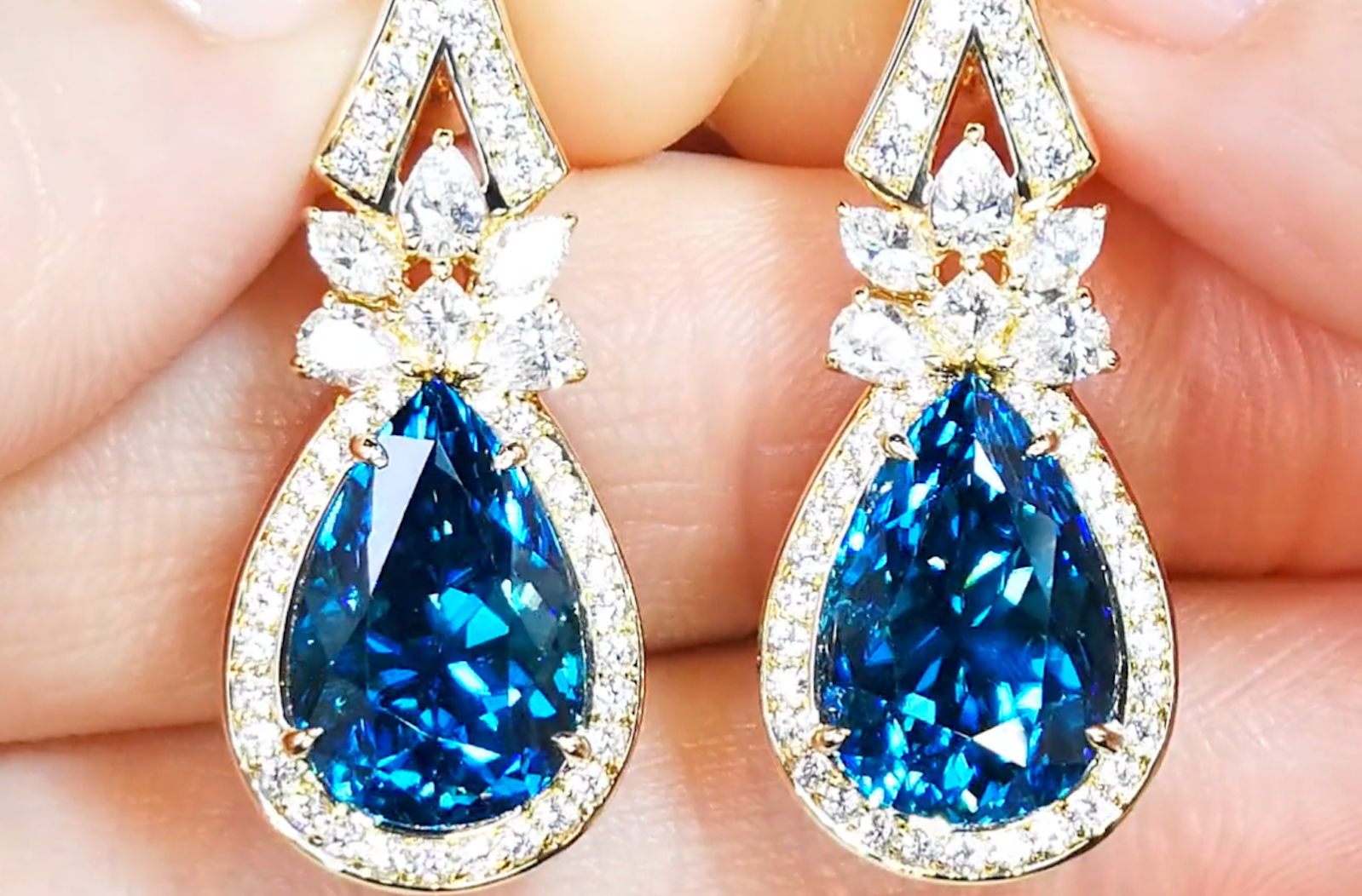 20.68ct Blue Zircon Earrings with D Flawless Diamonds set in 18K Yellow Gold
