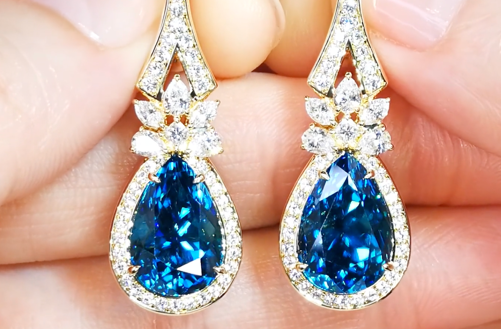 20.68ct Blue Zircon Earrings with D Flawless Diamonds set in 18K Yellow Gold