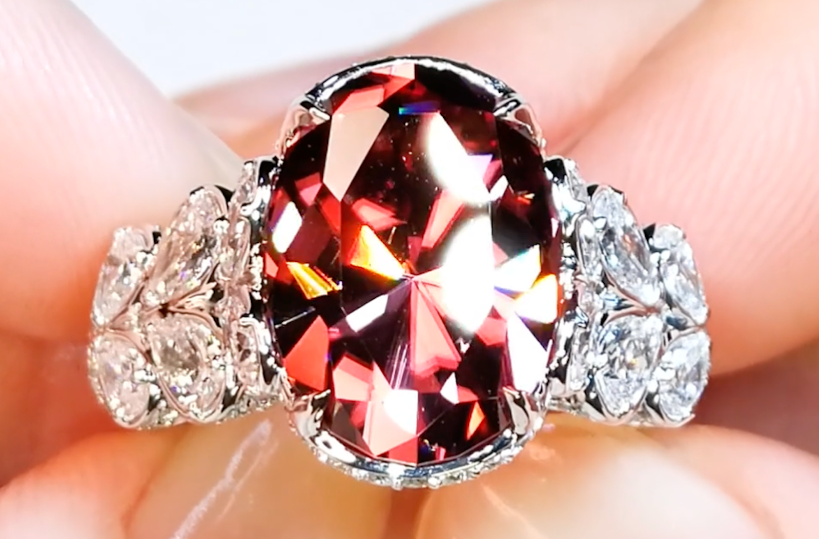 10.22ct Pink Zircon Ring with D Flawless Diamonds set in 18K White Gold