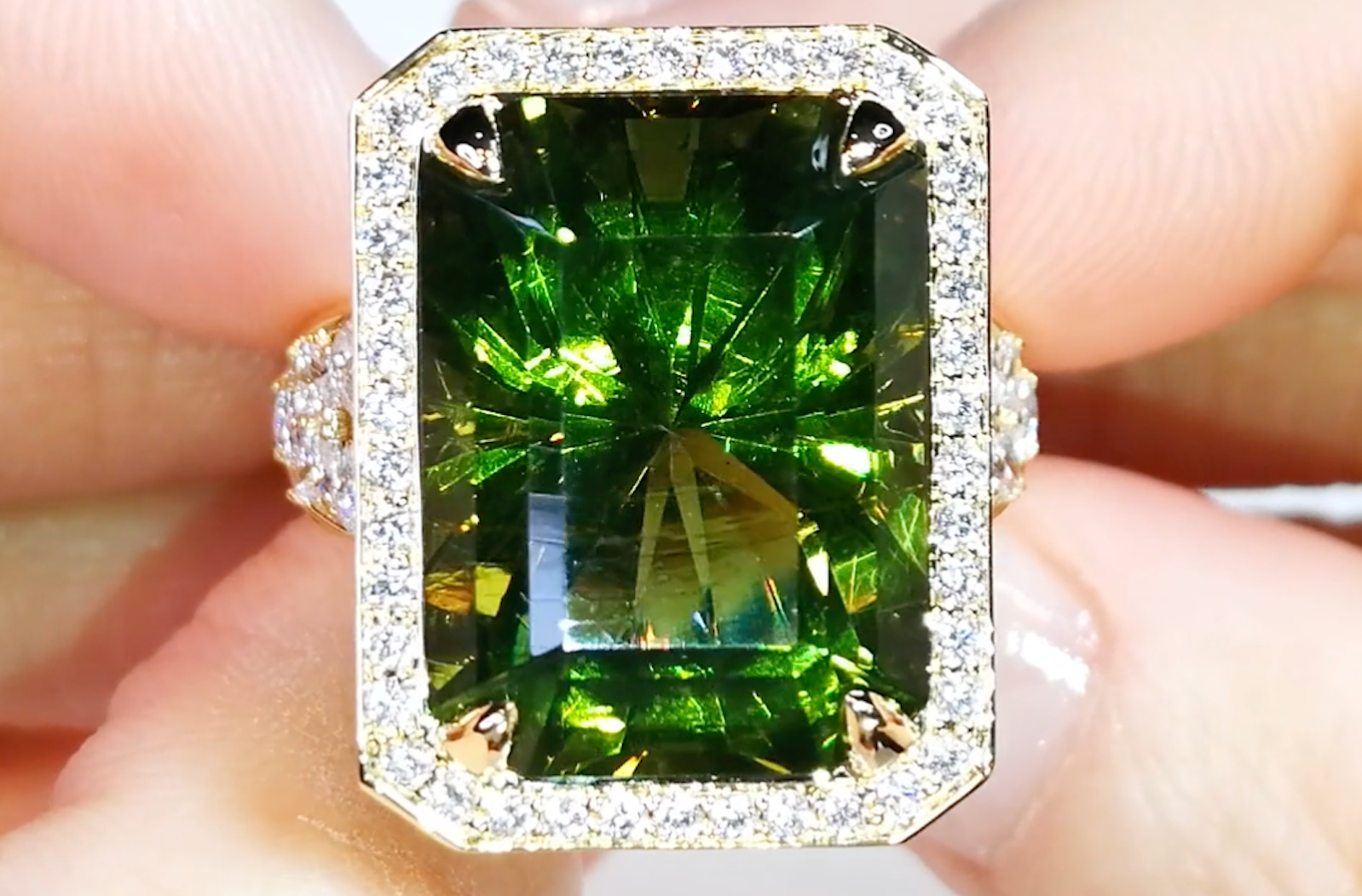 7.36ct Dominican Historic Green Amber Ring with D Flawless Diamonds set in 18K Yellow Gold