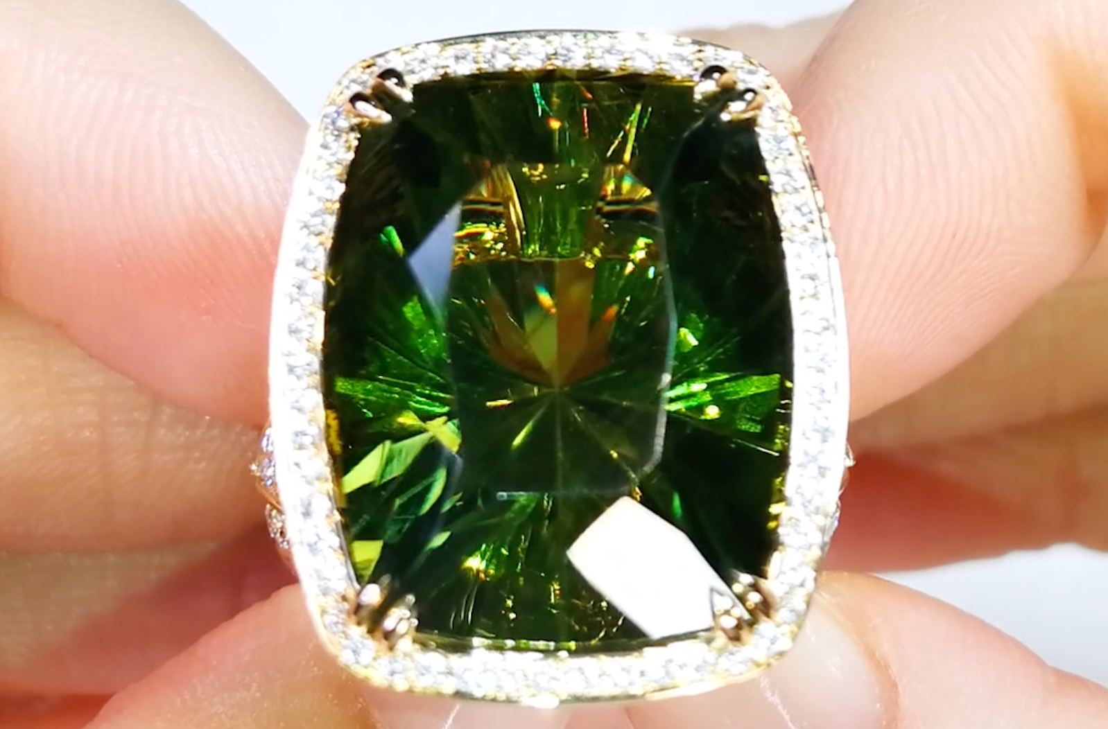 9.80ct Dominican Historic Green Amber Ring with D Flawless Diamonds set in 18K Yellow Gold