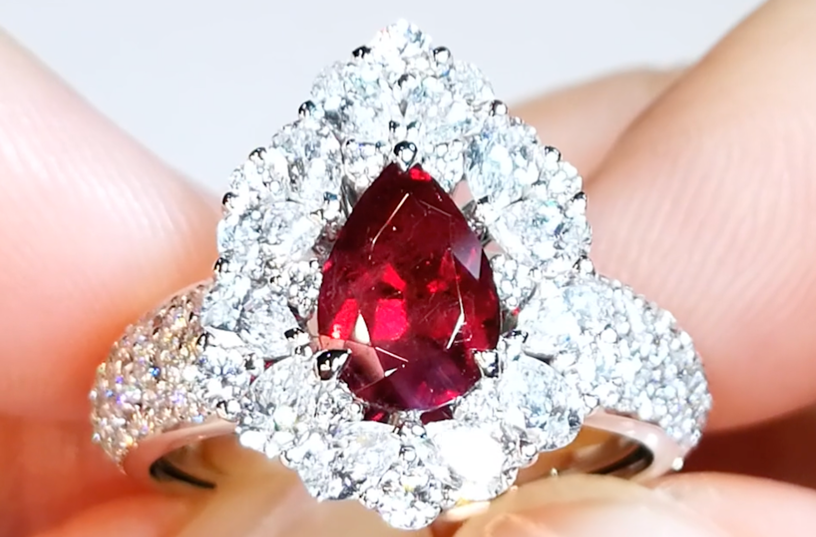 0.97ct No Oil Bixbite Red Beryl Ring with D Flawless Diamonds set in 18K White Gold