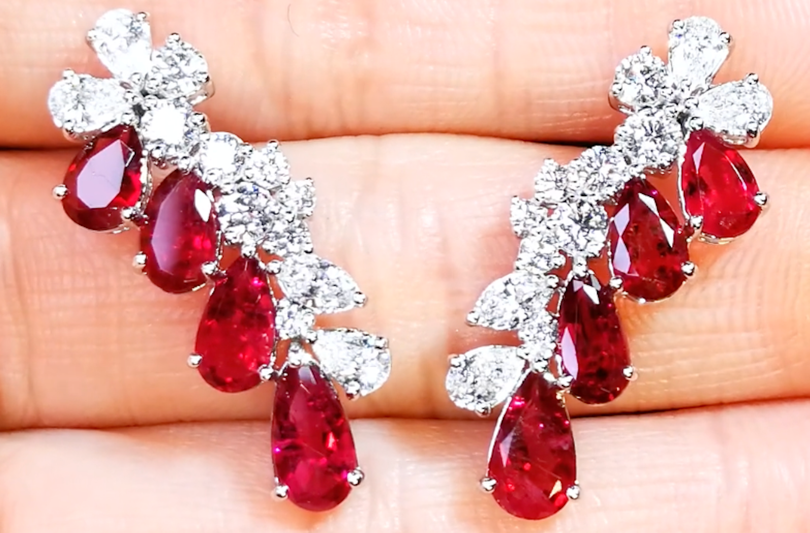 3.66ct No Oil Bixbite Red Beryl Earrings with D Flawless Diamonds set in 18K White Gold