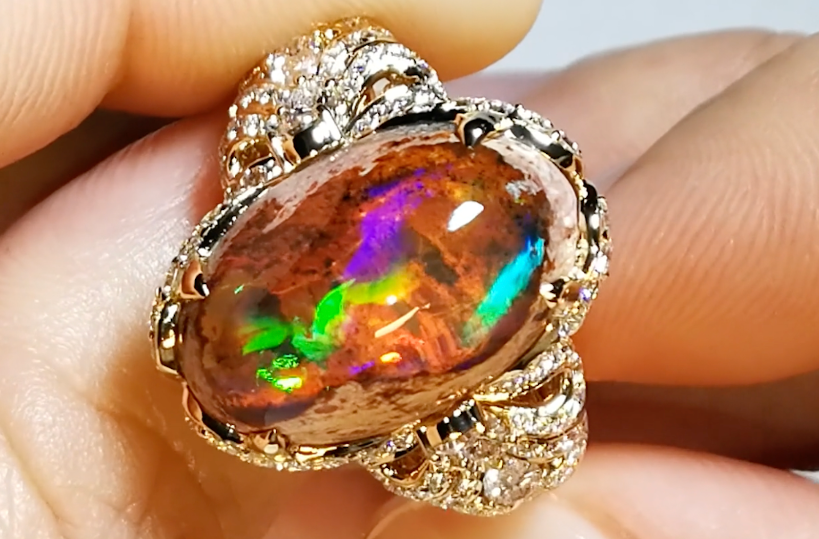 8.65ct Mexican Matrix Opal Ring with D Flawless Diamonds set in 18K Yellow Gold