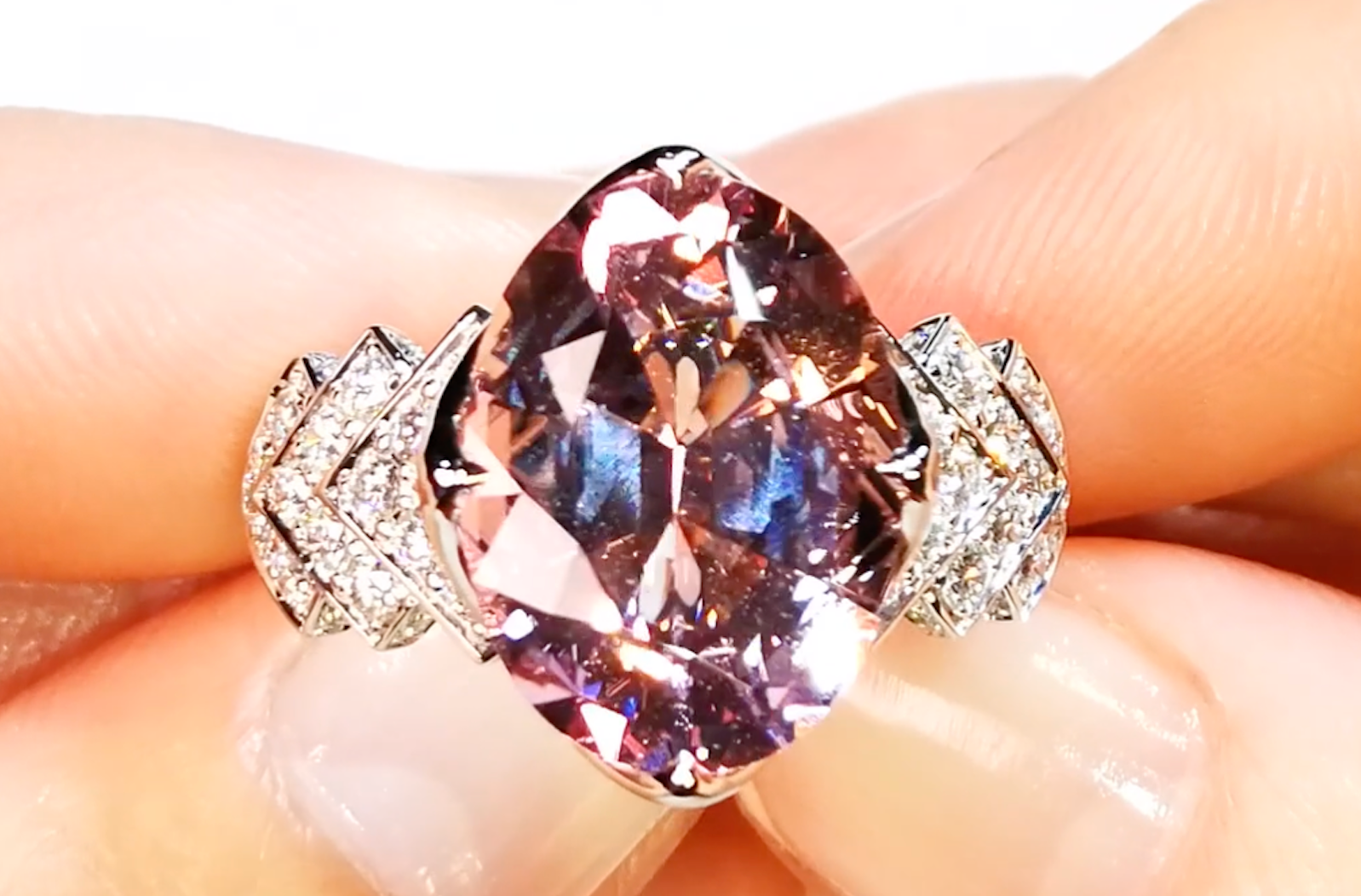 6.88ct Madagascar Morganite Ring with D Flawless Diamonds set in 18K White Gold