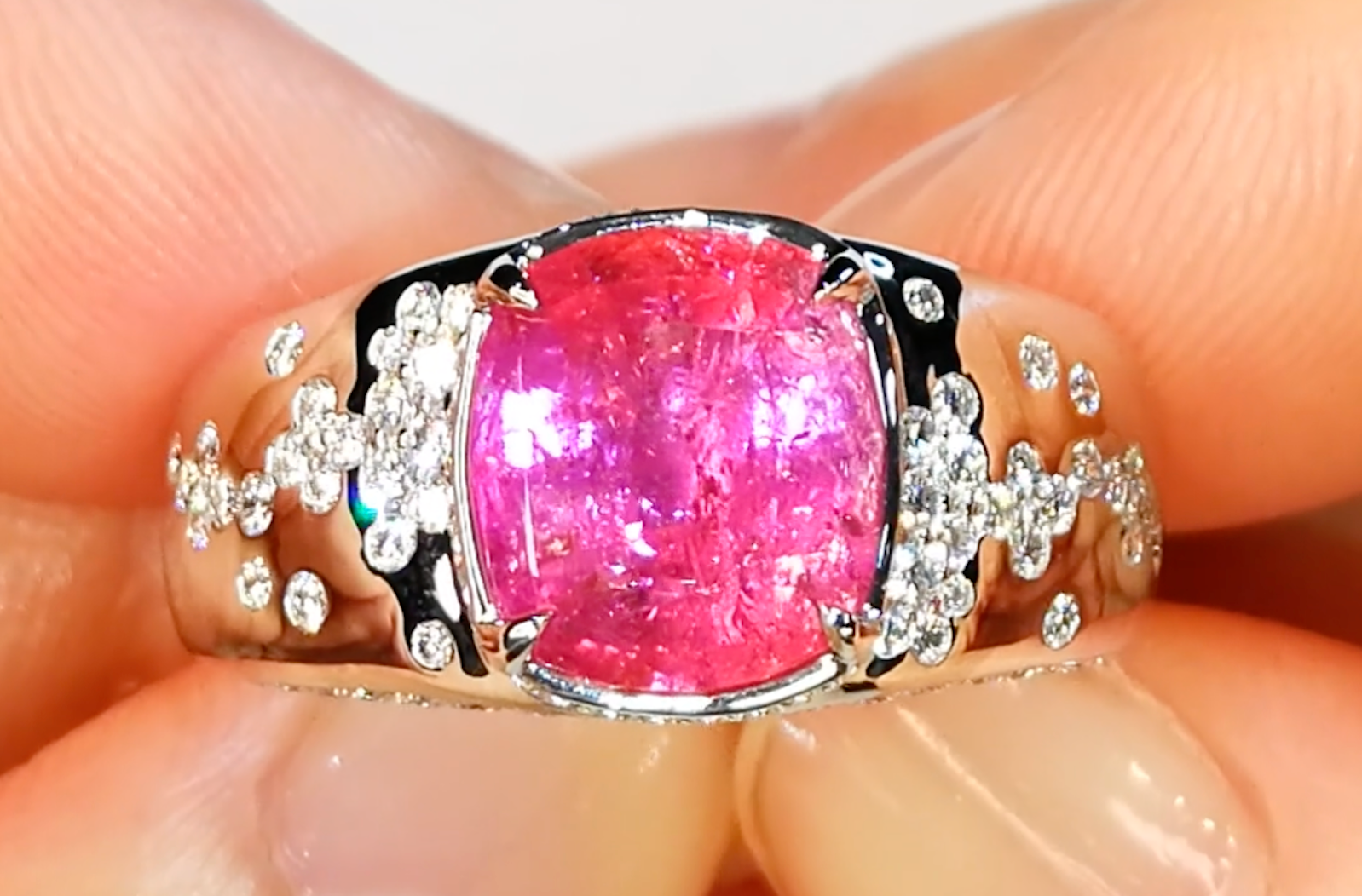 2.79ct Beryl Pezzottaite Ring with D Flawless Diamonds set in 18K White Gold