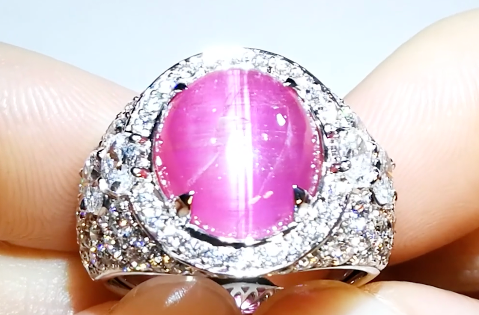 7.01ct Beryl Pezzottaite Cats Eye Ring with D Flawless Diamonds set in 18K White Gold