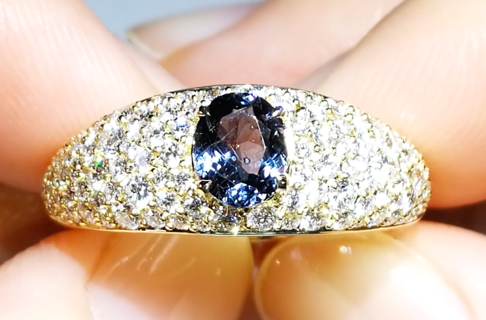 0.78ct Blue Garnet Color Change Ring with D Flawless Diamonds set in 18K Yellow Gold