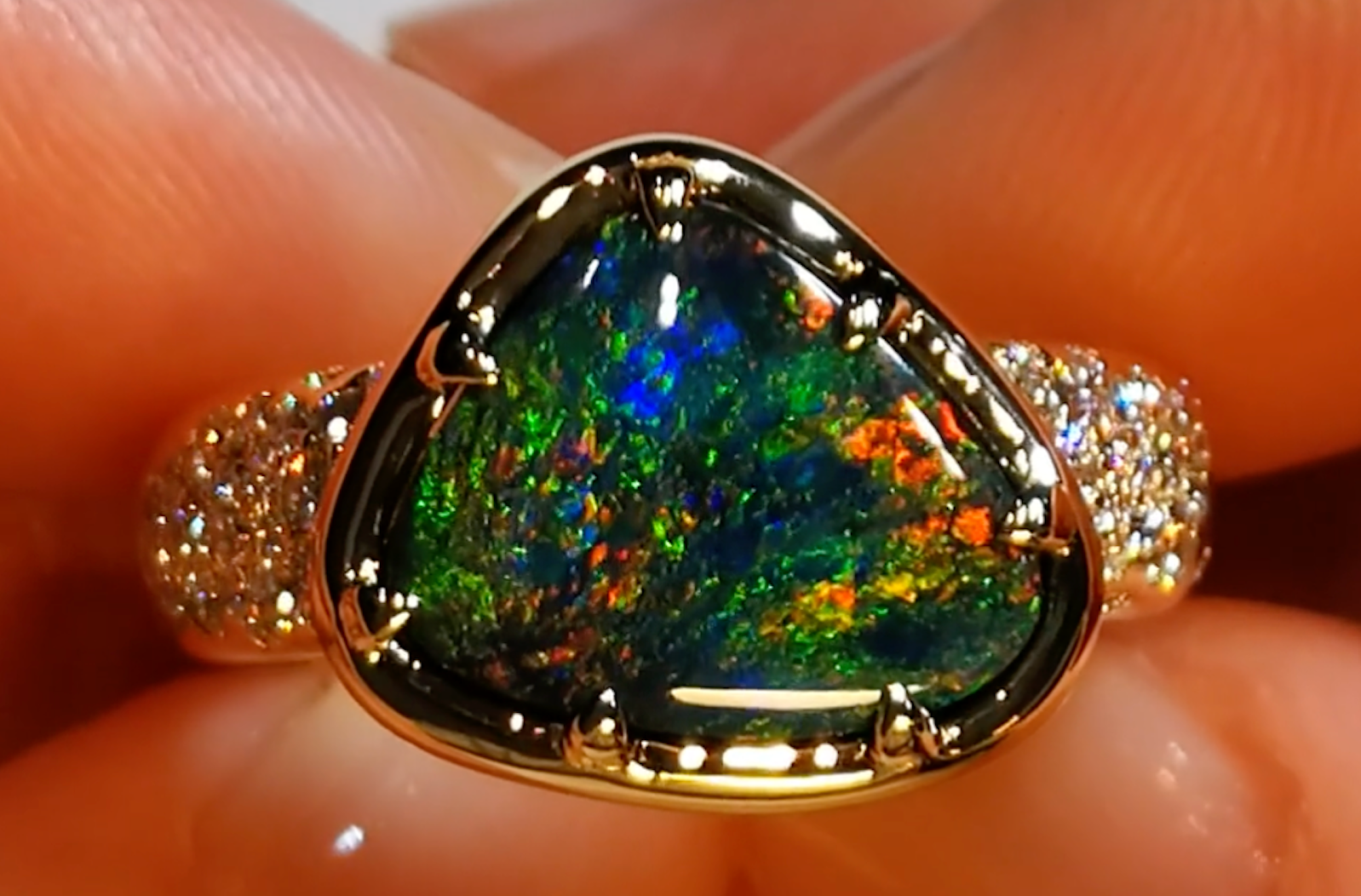 3.11ct Lightning Ridge Black Opal Ring with D Flawless Diamonds set in 18K Yellow Gold