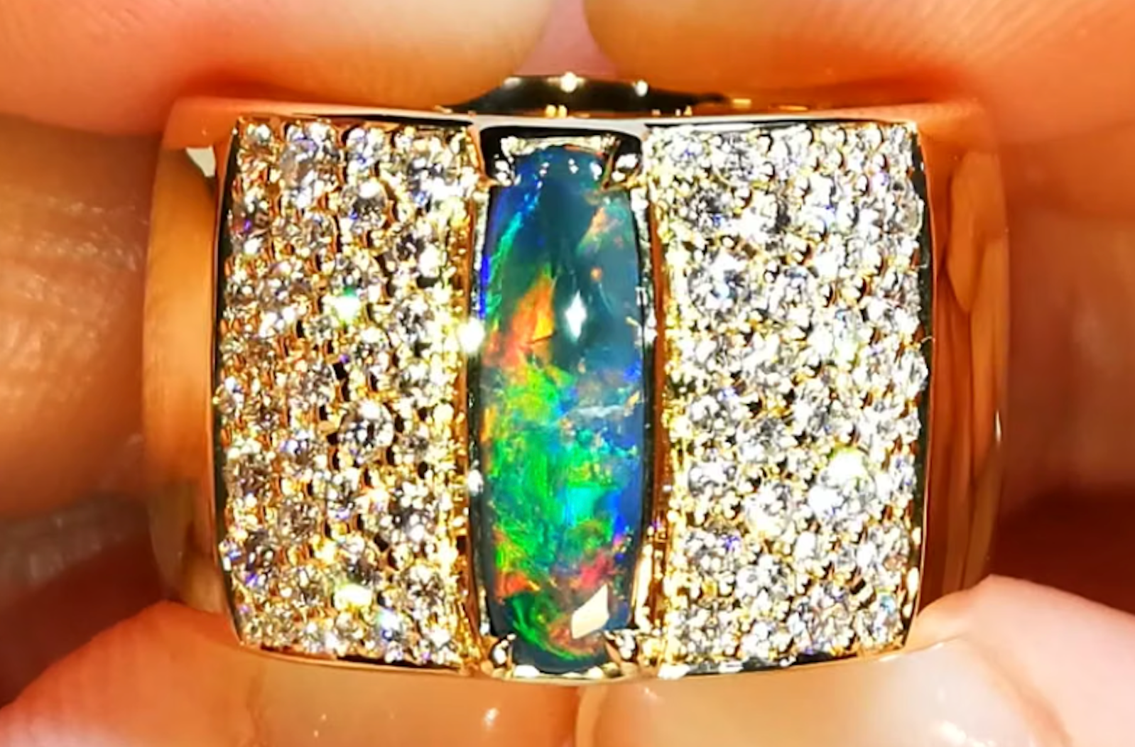 1.48ct Lightning Ridge Black Opal Ring with D Flawless Diamonds set in 18K Yellow Gold