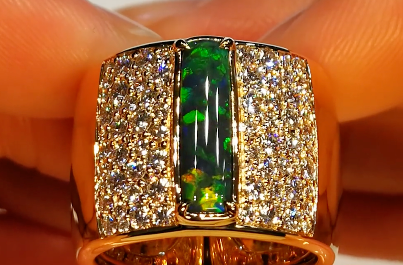 1.19ct Lightning Ridge Black Opal Ring with D Flawless Diamonds set in 18K Yellow Gold