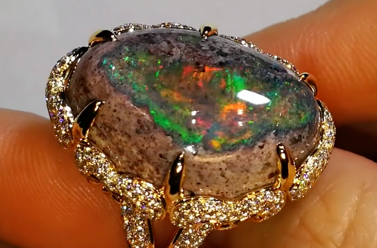 33.58ct Mexican Matrix Opal Ring with D Flawless Diamonds set in 18K Yellow Gold
