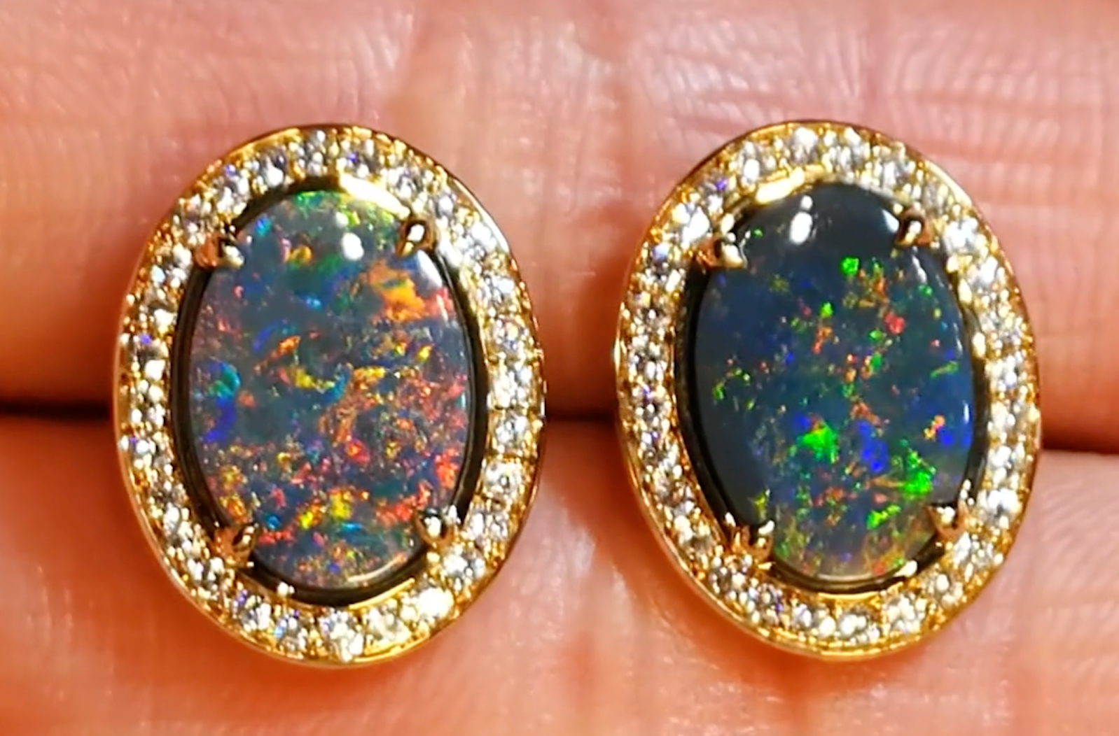 2.67ct Lightning Ridge Black Opal Earrings with D Flawless Diamonds set in 18K Yellow Gold