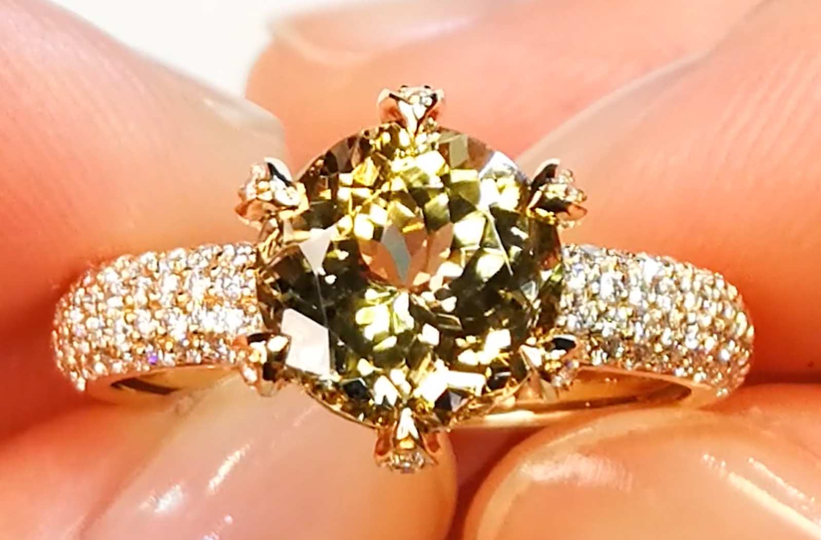 3.17ct Unheated Yellow Tanzanite Ring with D Flawless Diamonds set in 18K Yellow Gold