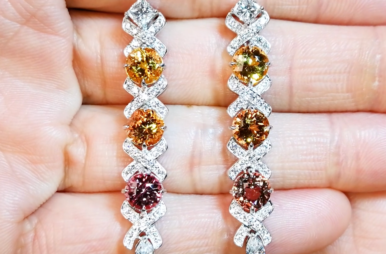 6.46ct Brazilian Imperial Topaz Earrings with D Flawless Diamonds set in 18K White Gold