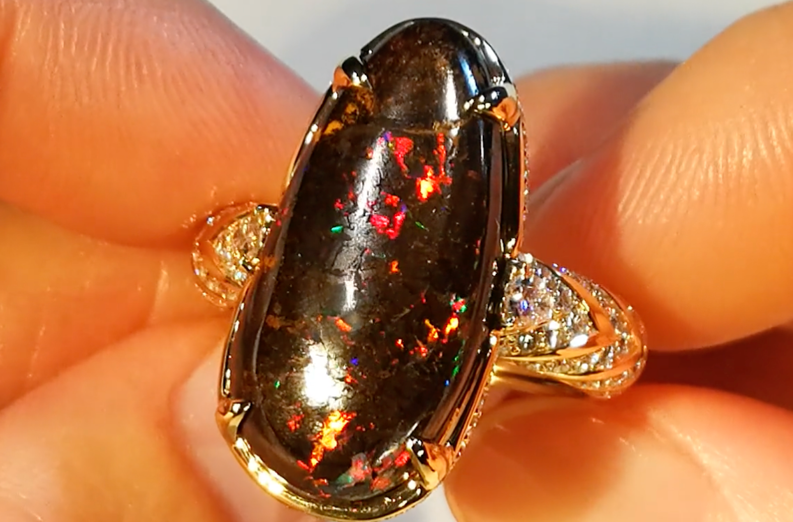 12.57ct Lightning Ridge Black Boulder Opal Ring with D Flawless Diamonds set in 18K Yellow Gold