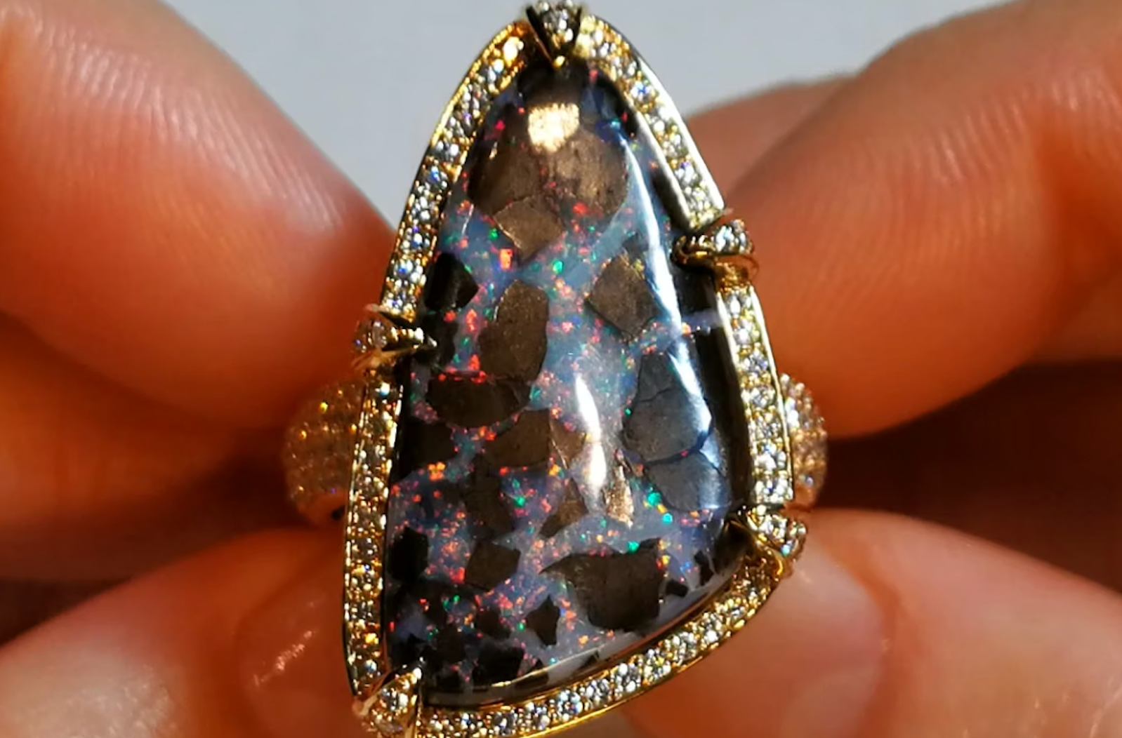 17.56ct Lightning Ridge Black Boulder Opal Ring with D Flawless Diamonds set in 18K Yellow Gold