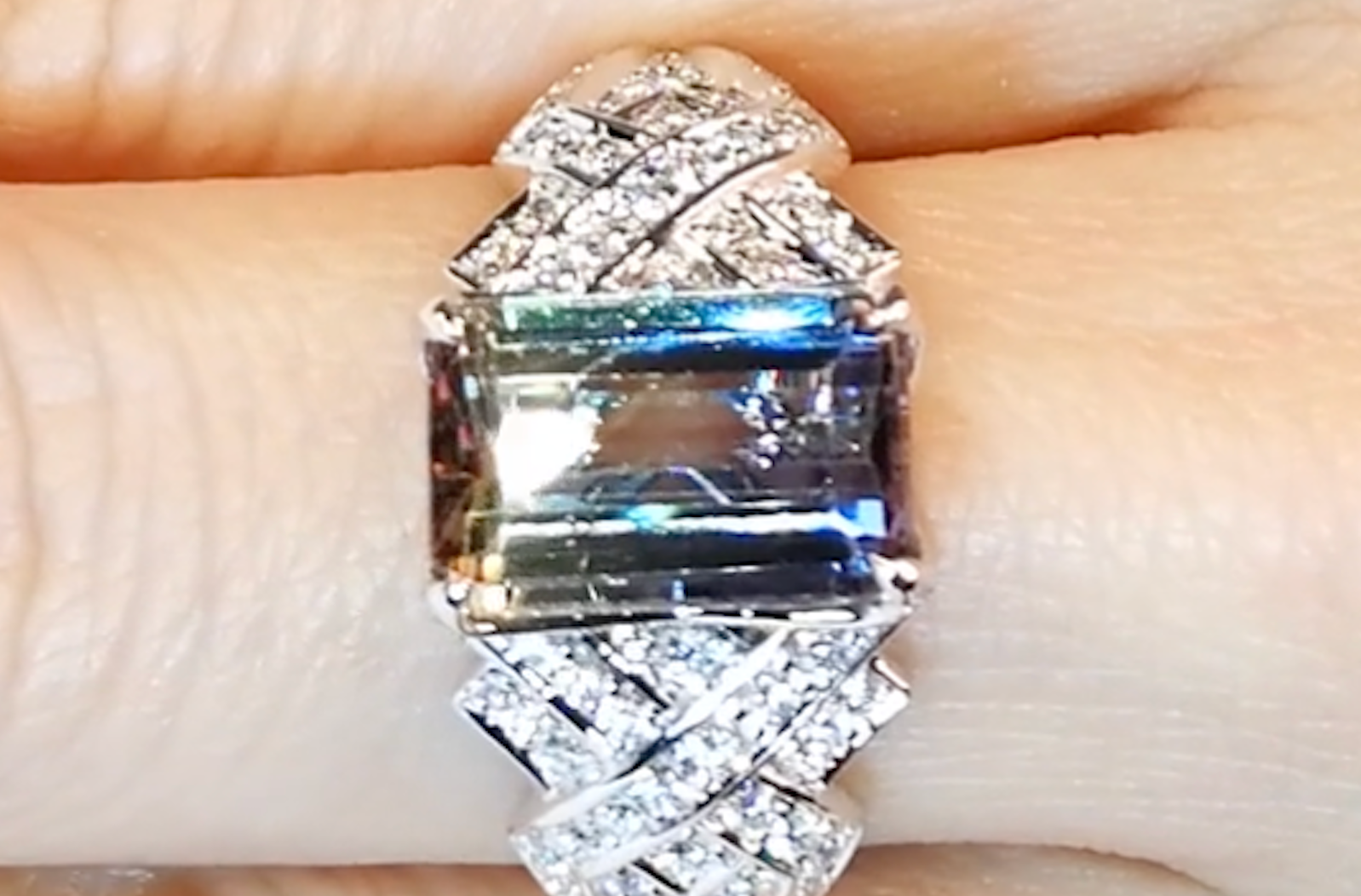 4.10ct Unheated Bi Color Tanzanite Ring with D Flawless Diamonds set in 18K White Gold