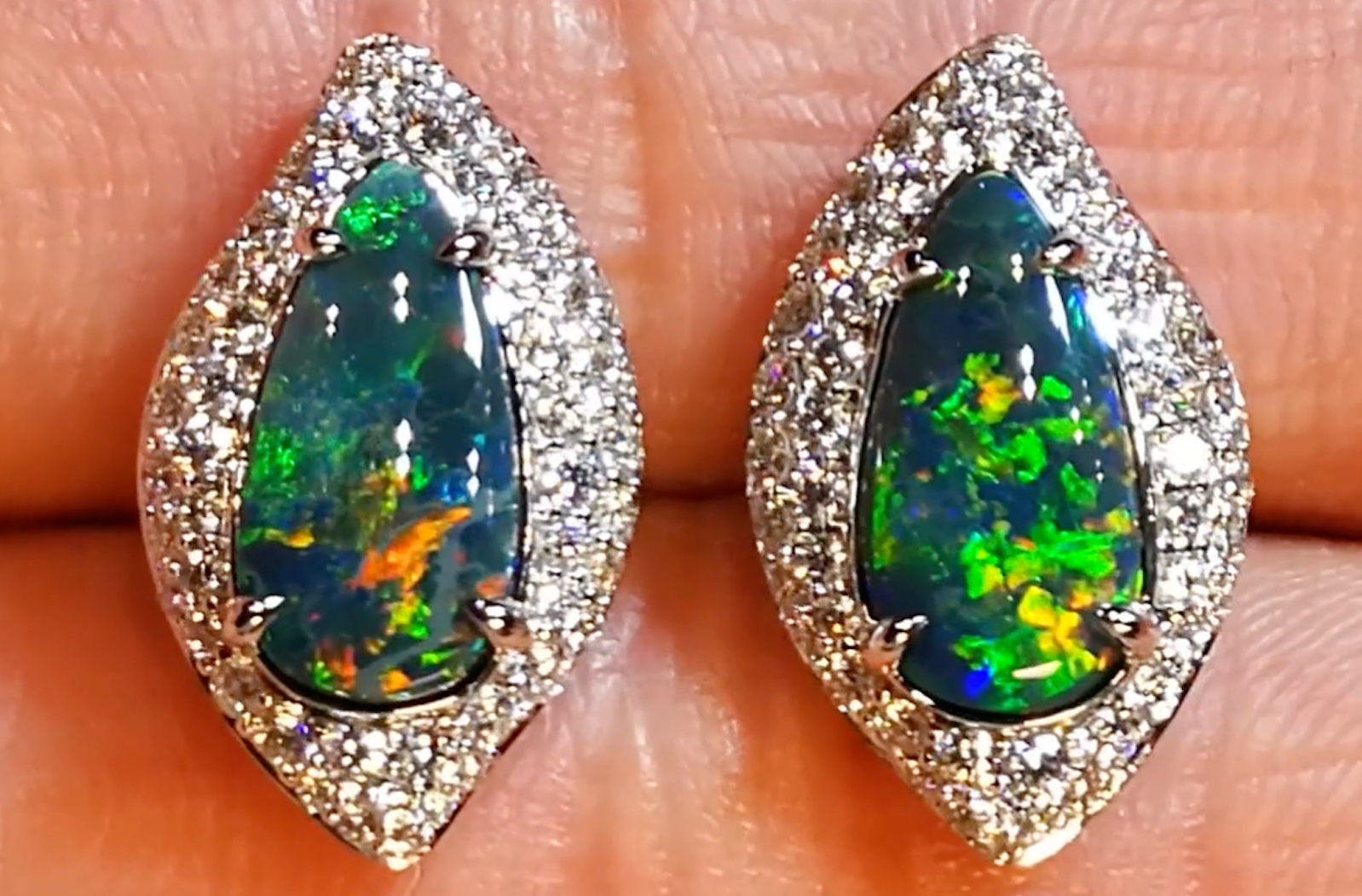 2.66ct Lightning Ridge Black Opal Earrings with D Flawless Diamonds set in 18K White Gold