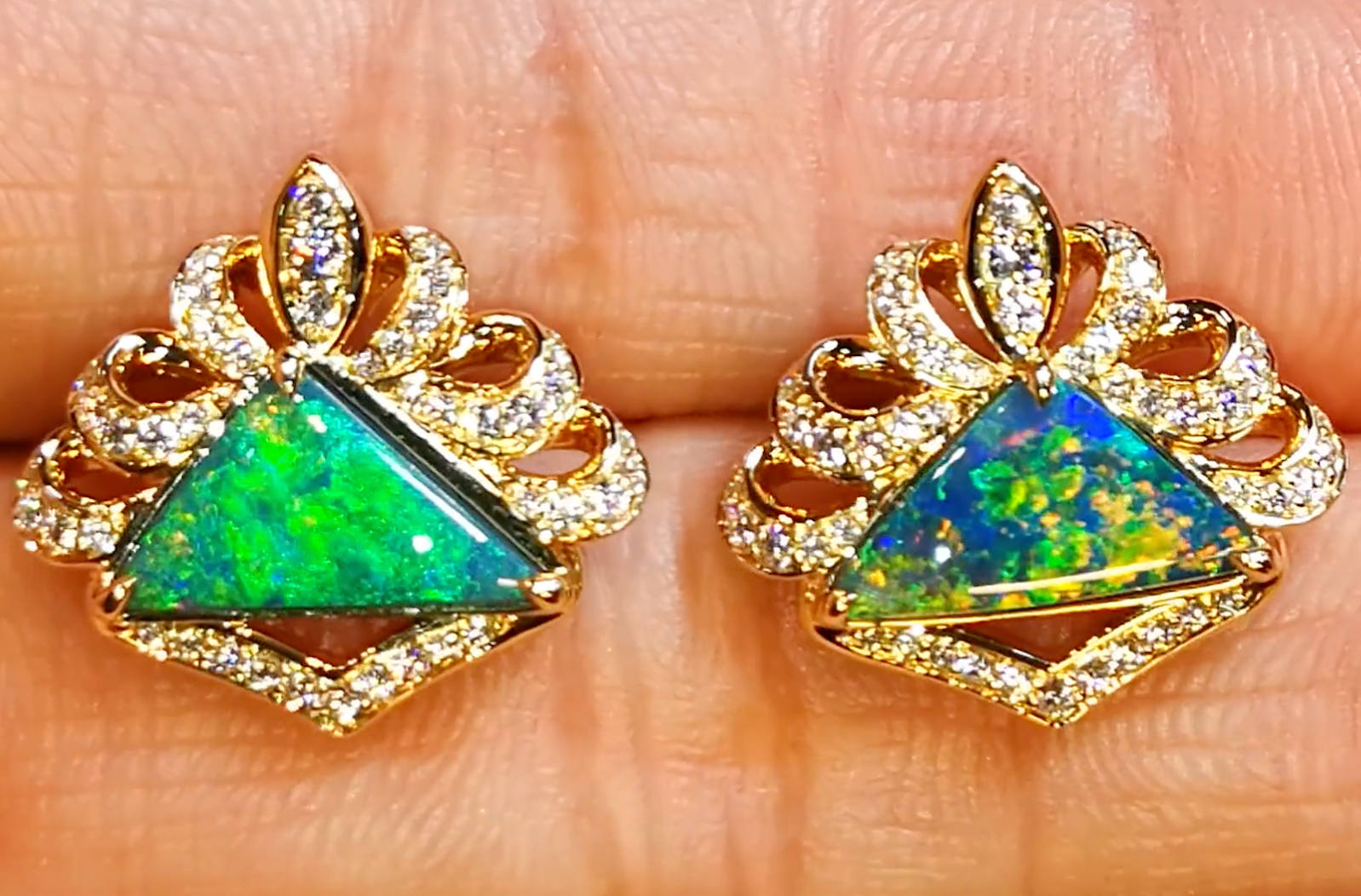 2.36ct Lightning Ridge Black Opal Earrings with D Flawless Diamonds set in 18K Yellow Gold