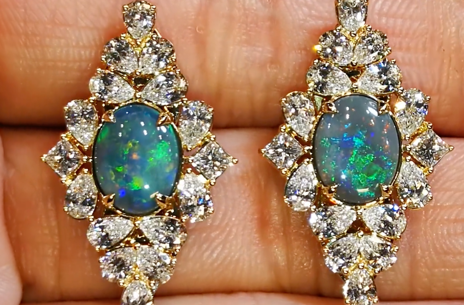 2.02ct Lightning Ridge Black Boulder Opal Earrings with D Flawless Diamonds set in 18K Yellow Gold
