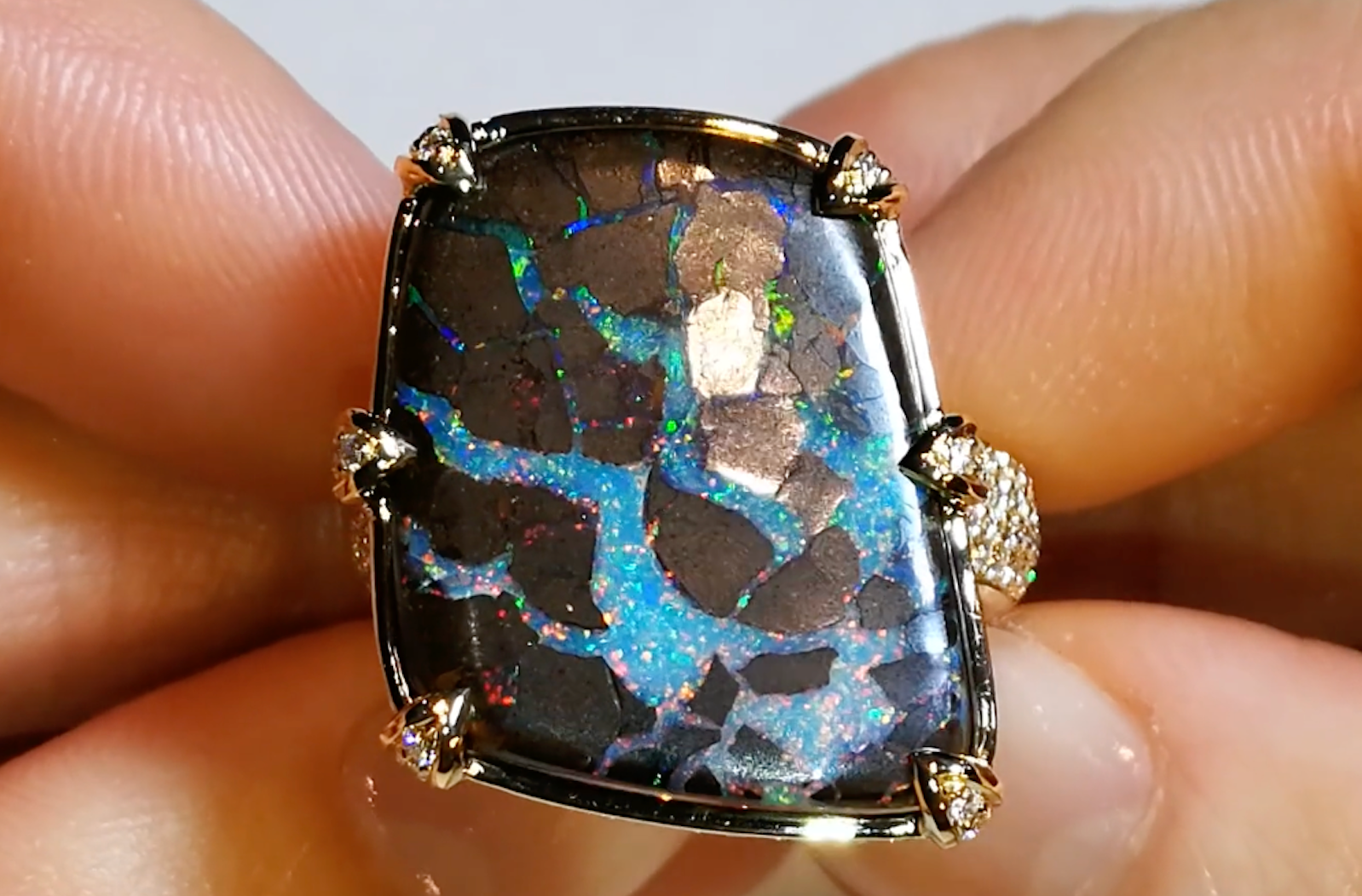 22.00ct Lightning Ridge Black Boulder Opal Ring with D Flawless Diamonds set in 18K Yellow Gold