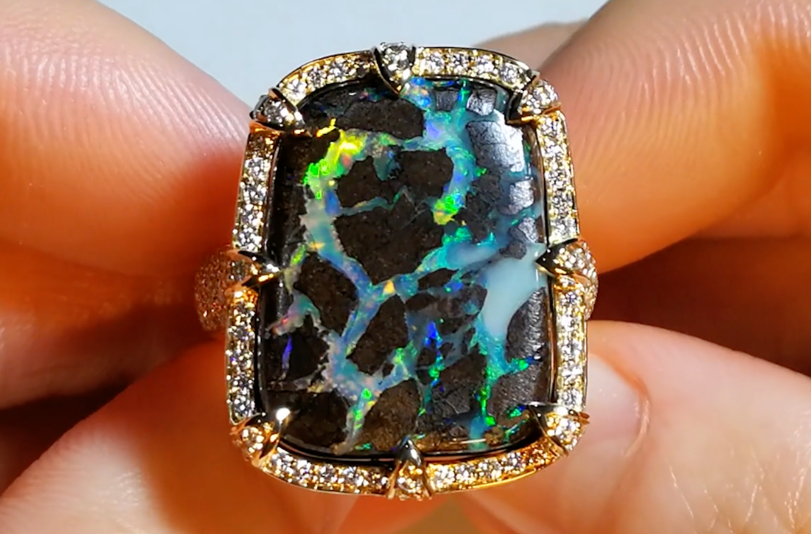 16.08ct Lightning Ridge Black Boulder Opal Ring with D Flawless Diamonds set in 18K Yellow Gold