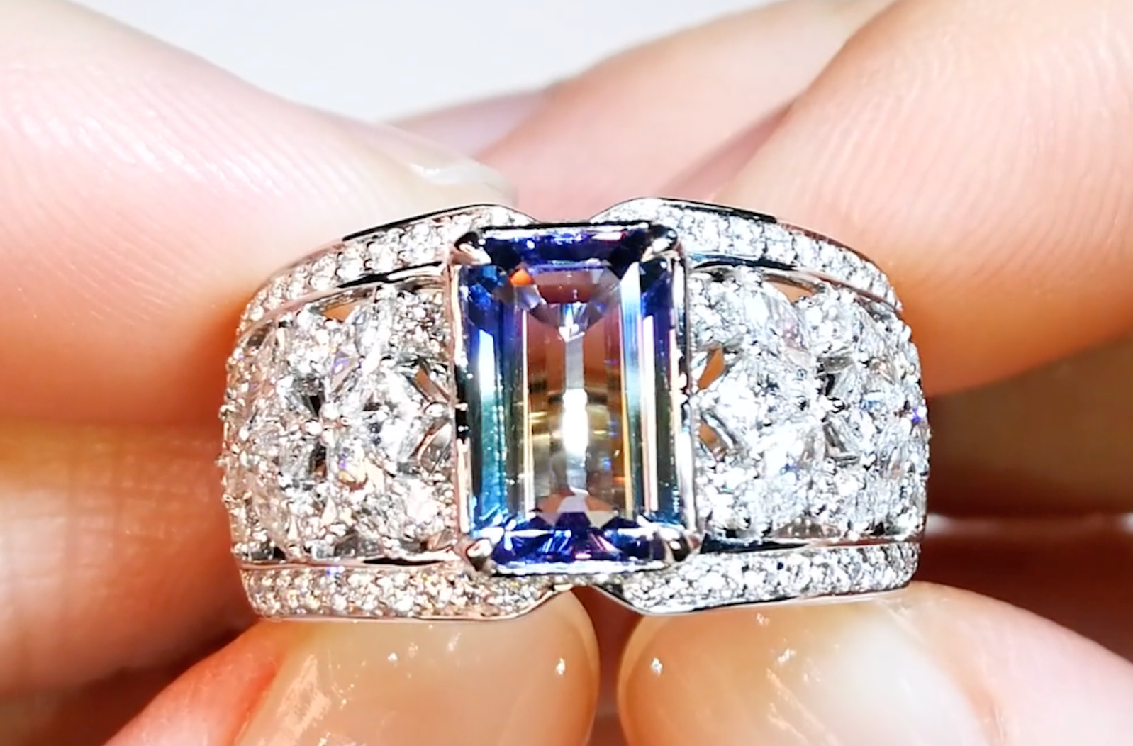 1.99ct Unheated Bi Color Tanzanite Ring with D Flawless Diamonds set in 18K White Gold