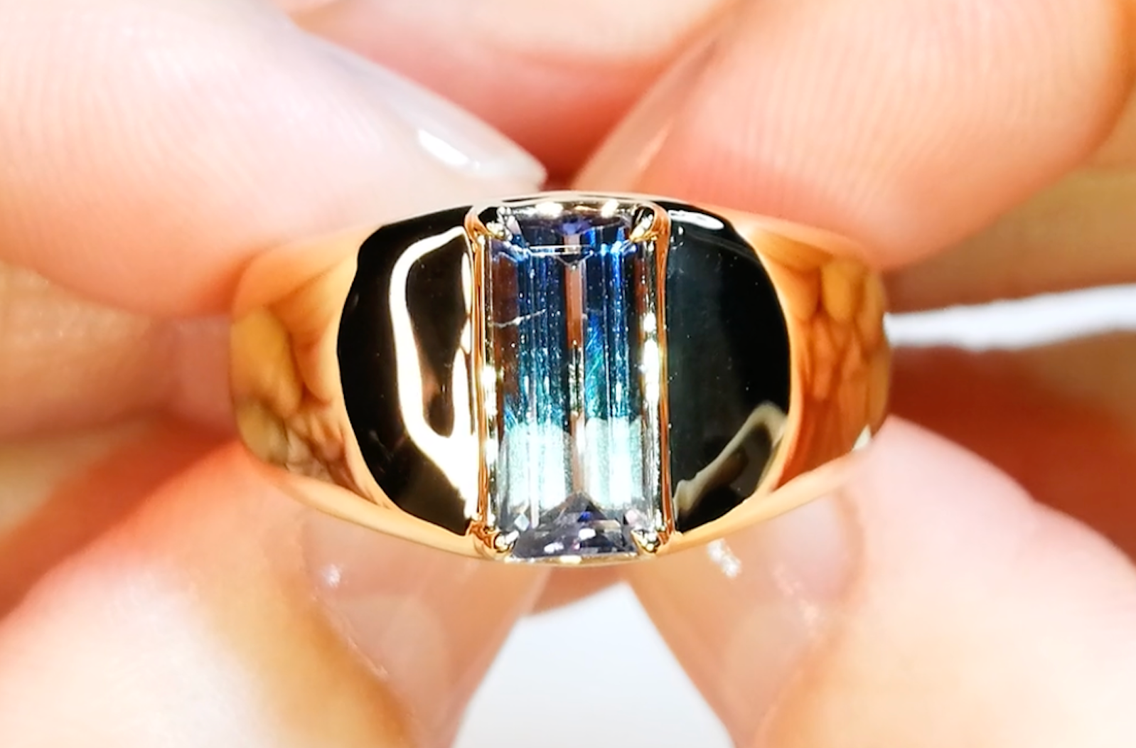 2.16ct Unheated Bi Color Tanzanite Ring with D Flawless Diamonds set in 18K Yellow Gold