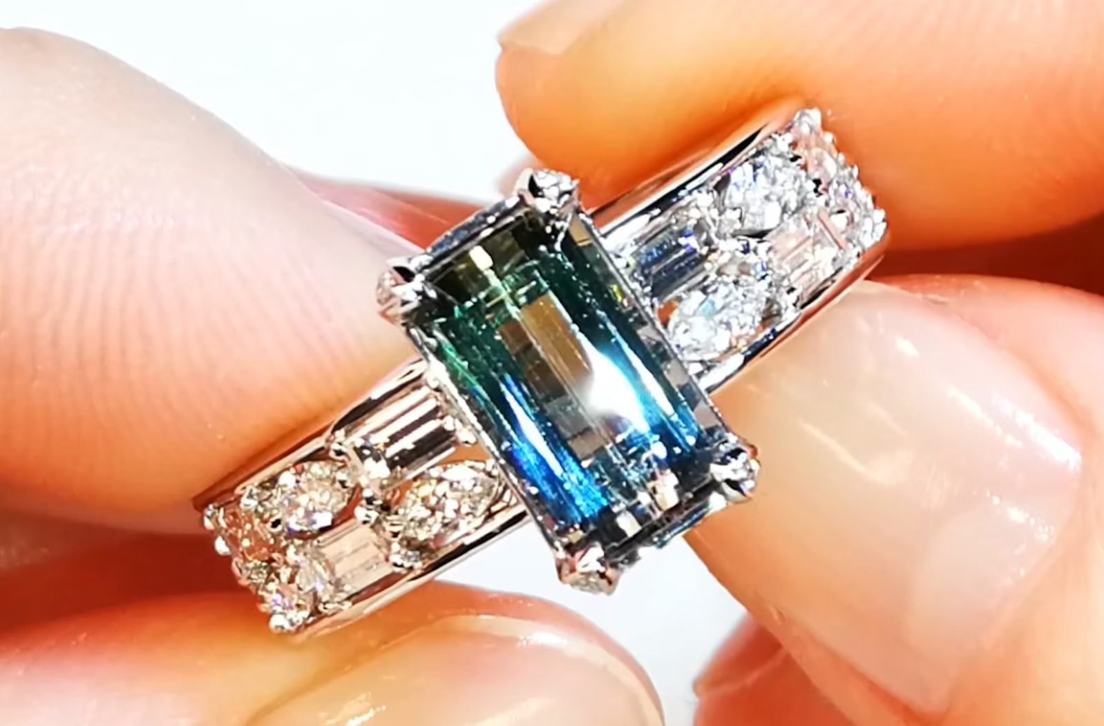 2.37ct Unheated Bi Color Tanzanite Ring with D Flawless Diamonds set in 18K White Gold